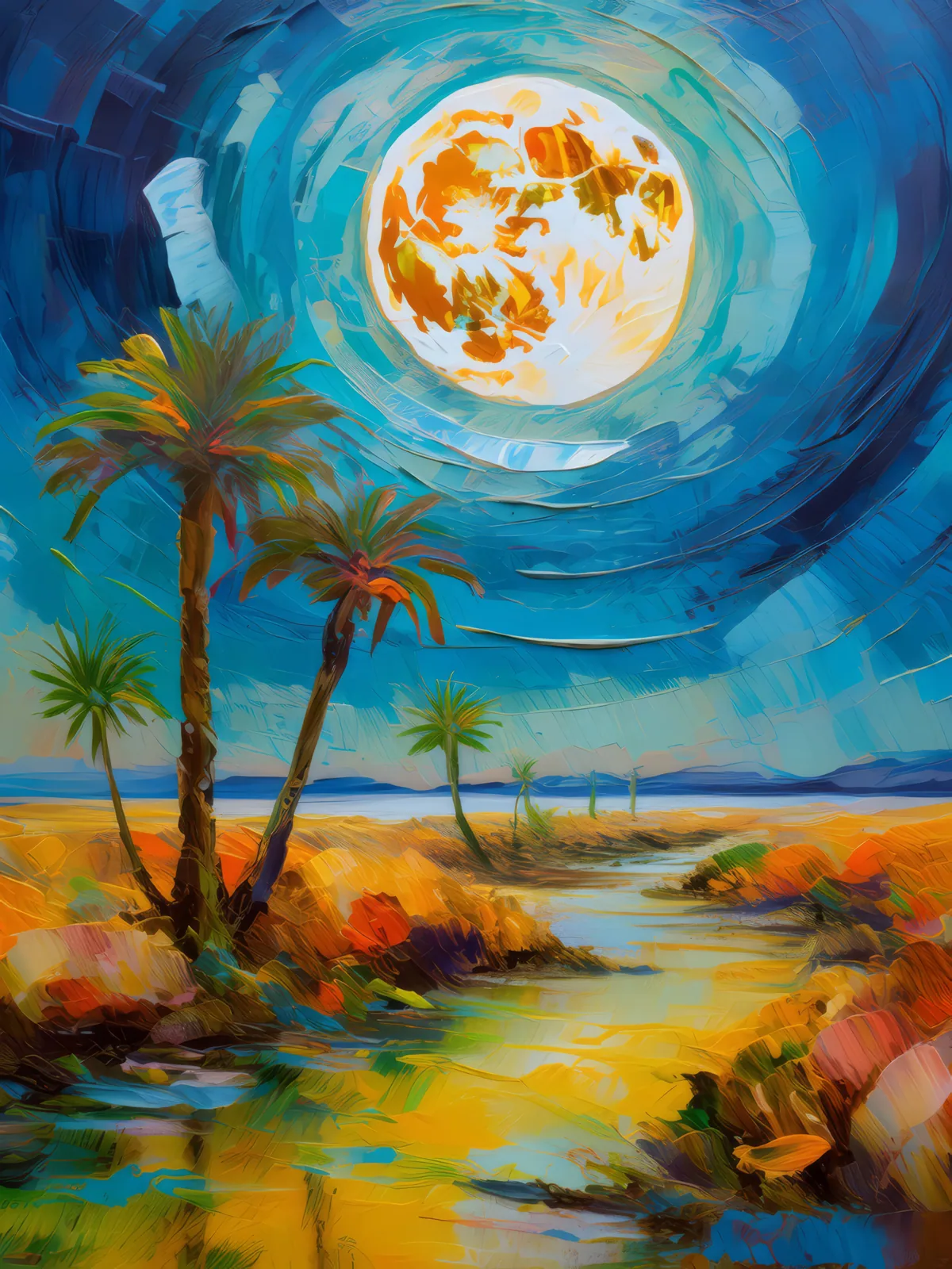 Moonlit Oasis in Ocean Desert, a palette-knife oil landscape by Emma Mickelberg