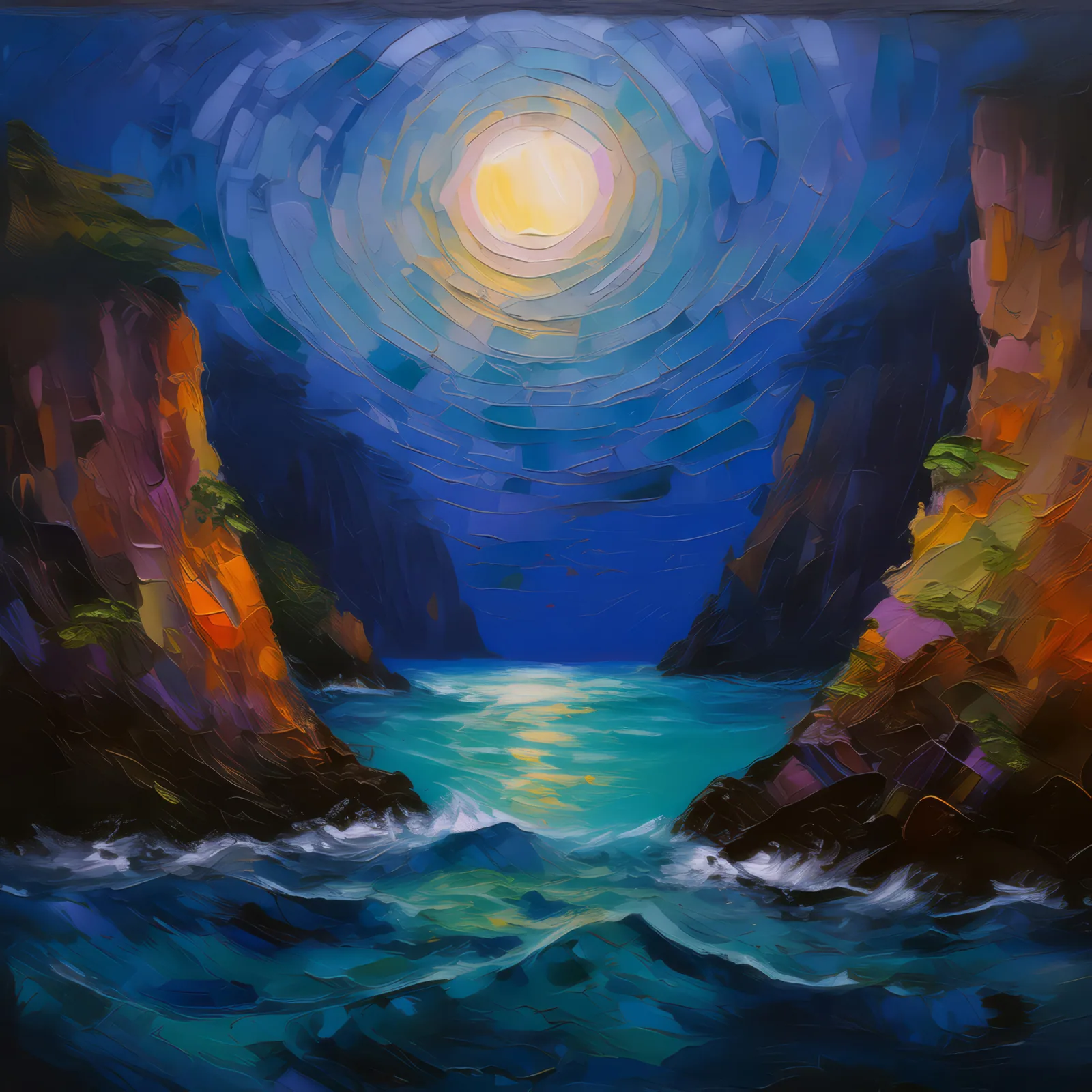 Moonlit Ocean Chasm, a palette-knife oil landscape by Emma Mickelberg