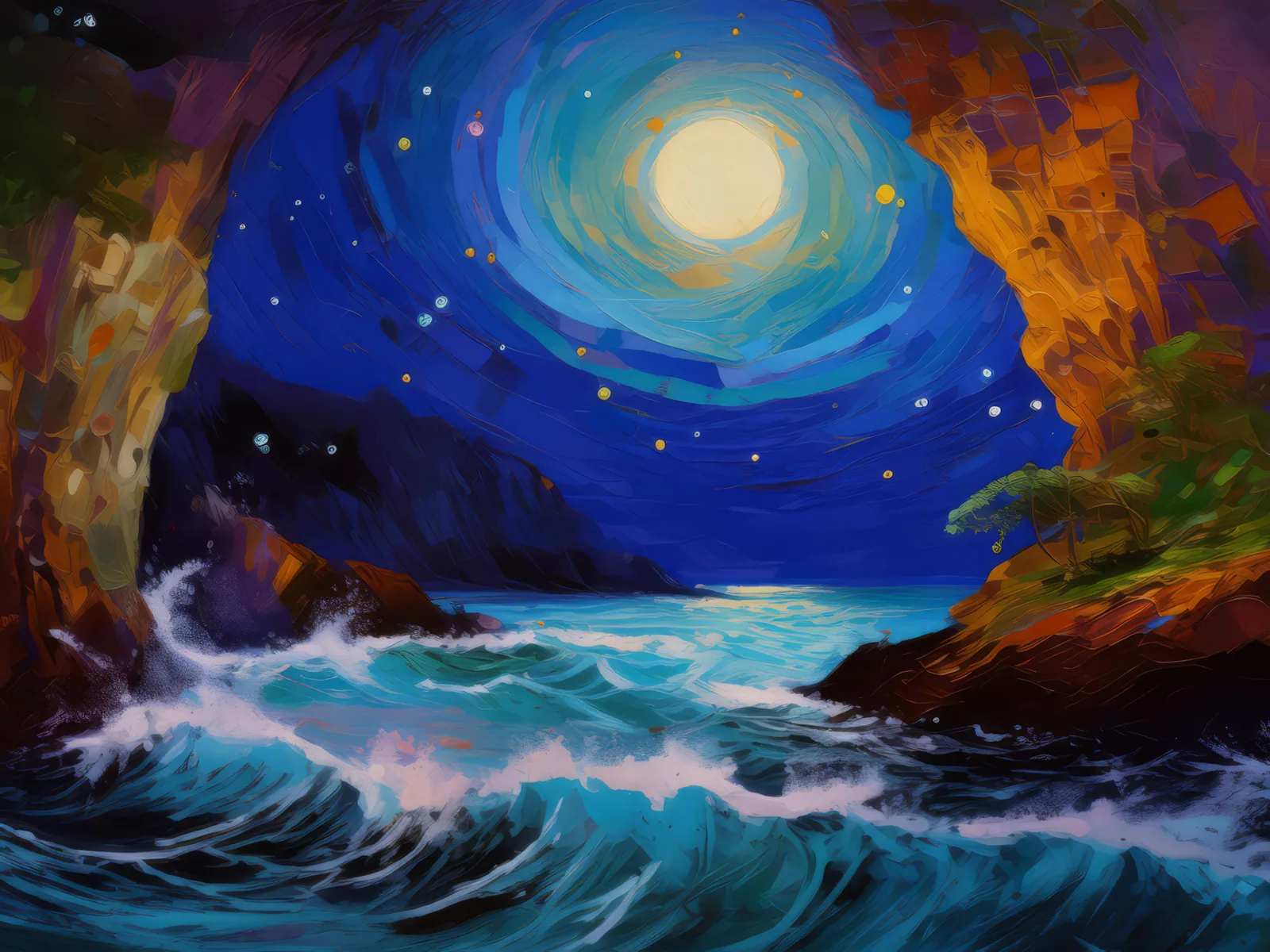 Moonlit Ocean Grotto, a palette-knife oil landscape by Emma Mickelberg