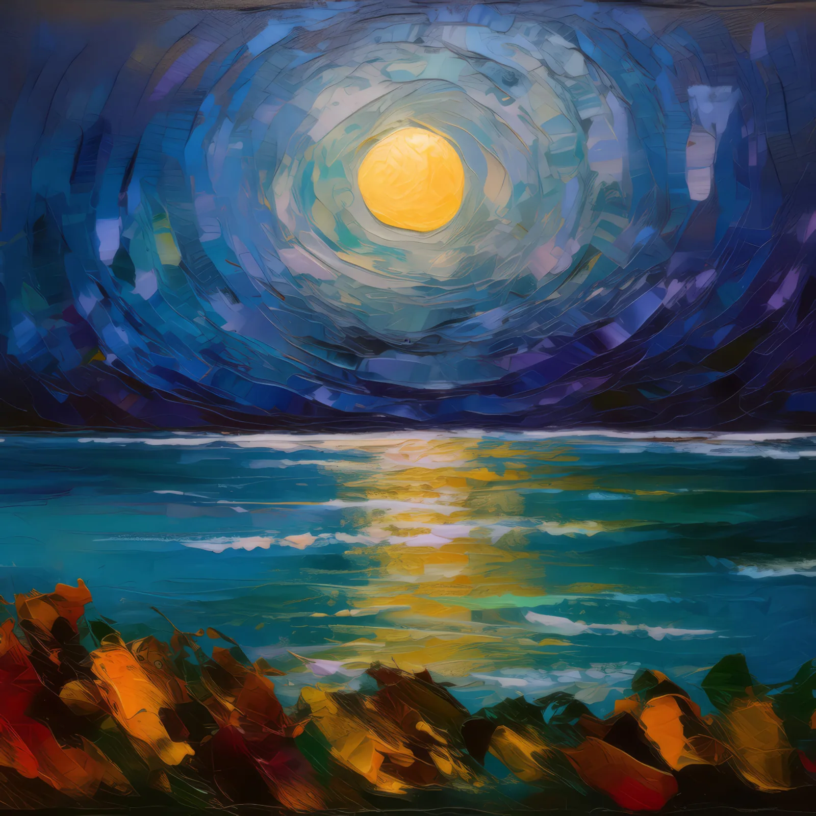 Moonlit Ocean Night, a palette-knife oil landscape by Emma Mickelberg