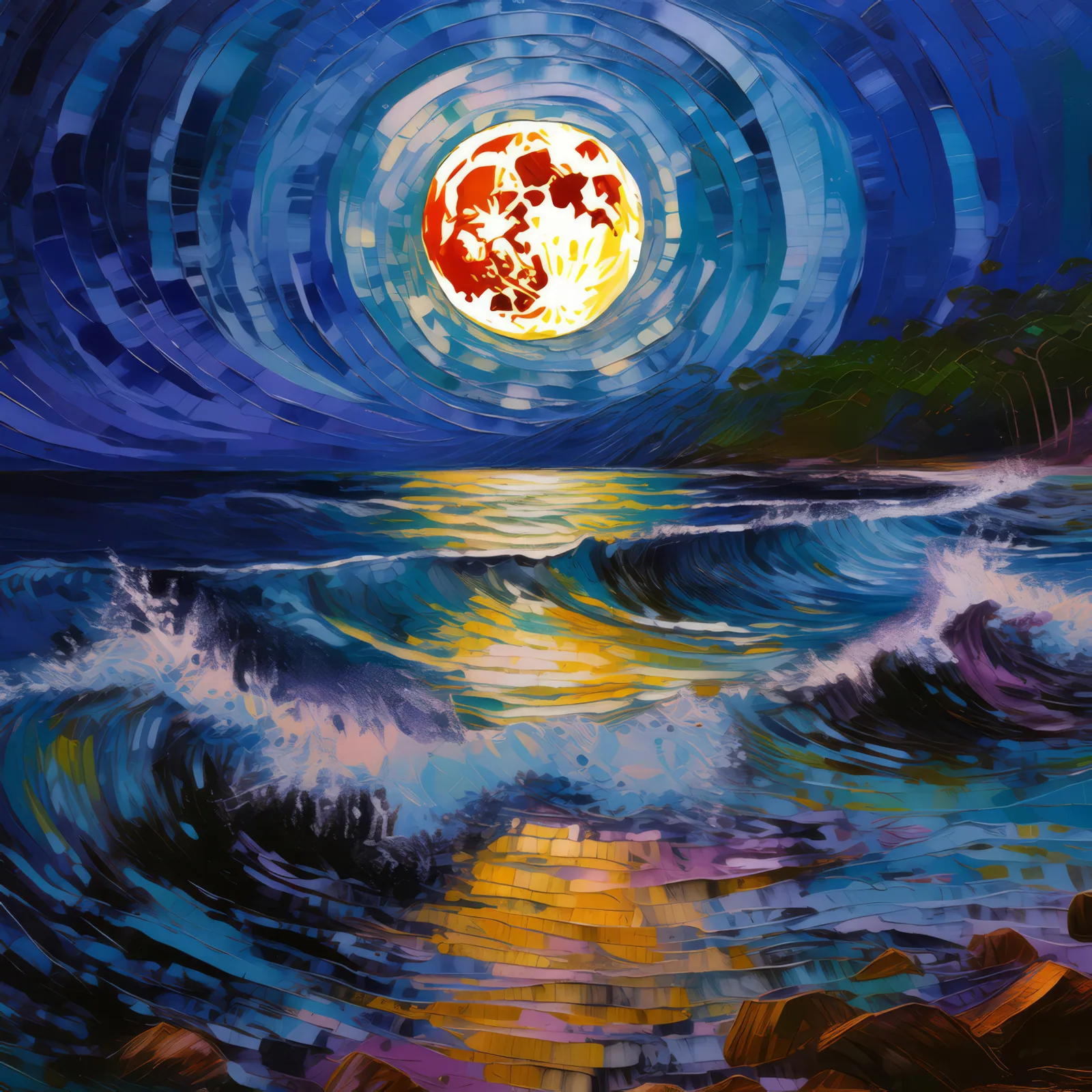 Moonlit Ocean Path, a palette-knife oil landscape by Emma Mickelberg
