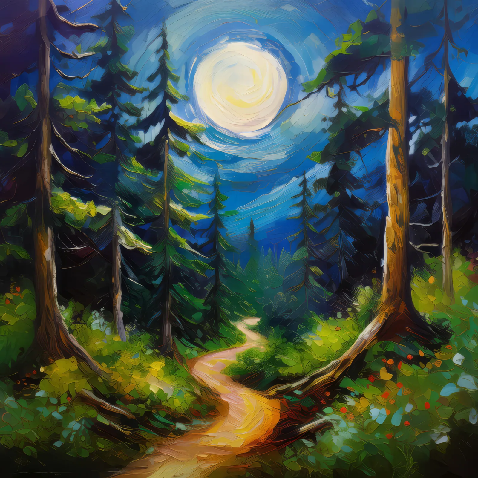 Moonlit Path Through Boreal Jungle, a palette-knife oil landscape by Emma Mickelberg