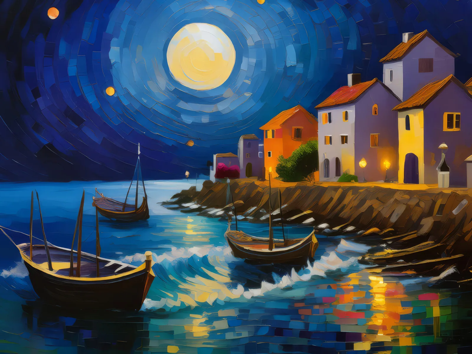 Moonlit Seaside Town, a palette-knife oil landscape by Emma Mickelberg