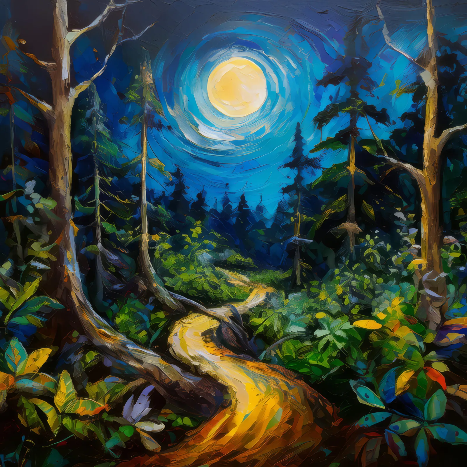 Moonlit Trails in Boreal Jungle, a palette-knife oil landscape by Emma Mickelberg
