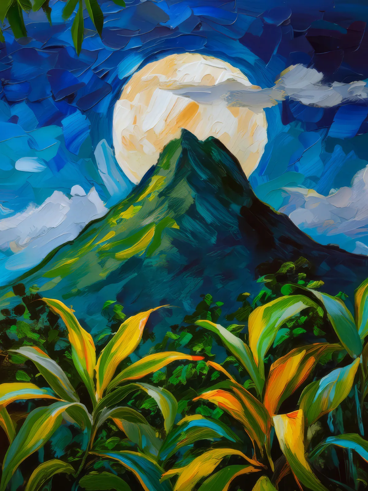 Moonlit Tropical Mountain, a palette-knife oil landscape by Emma Mickelberg