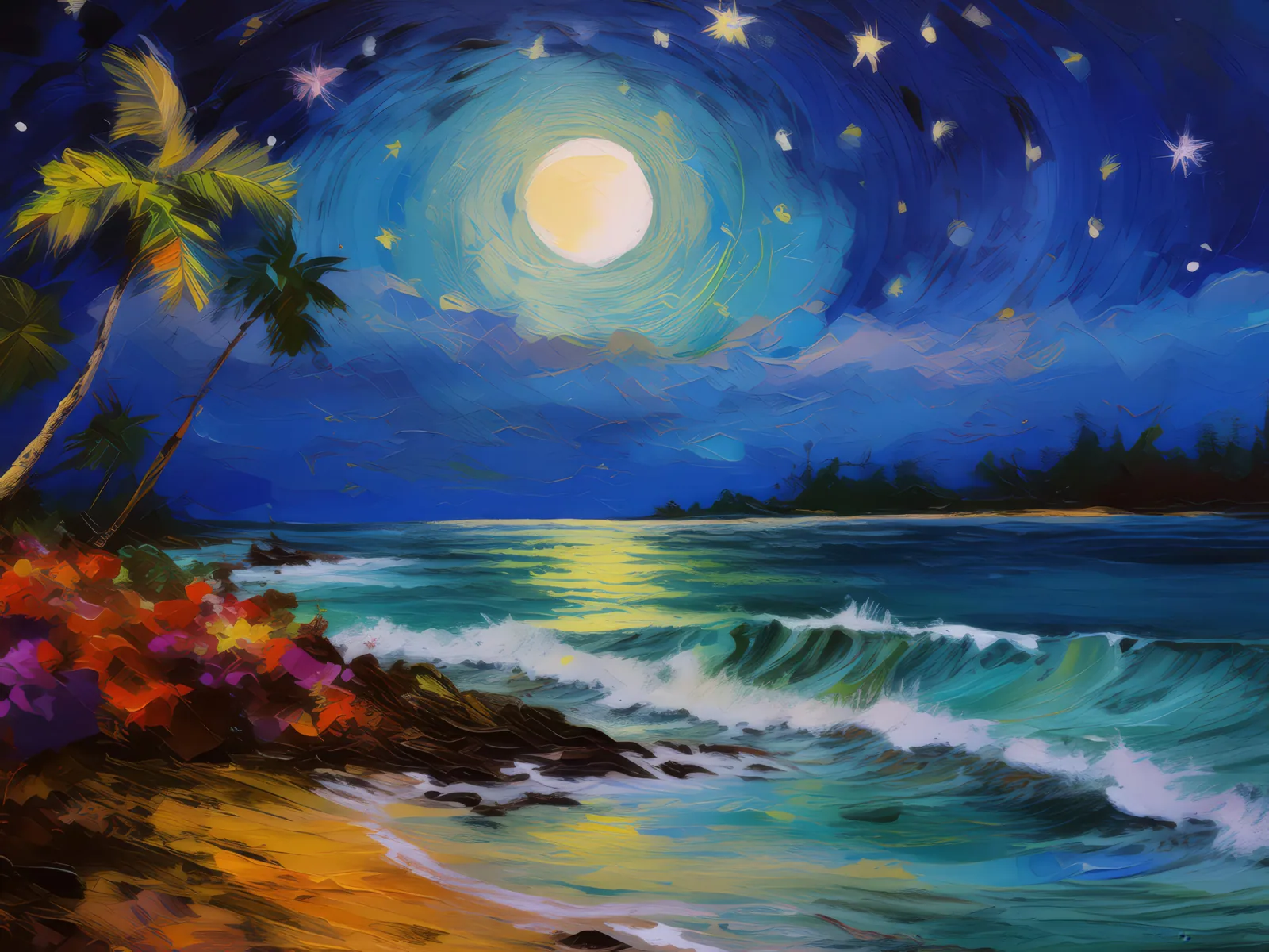 Moonlit Tropical Shore, a palette-knife oil landscape by Emma Mickelberg