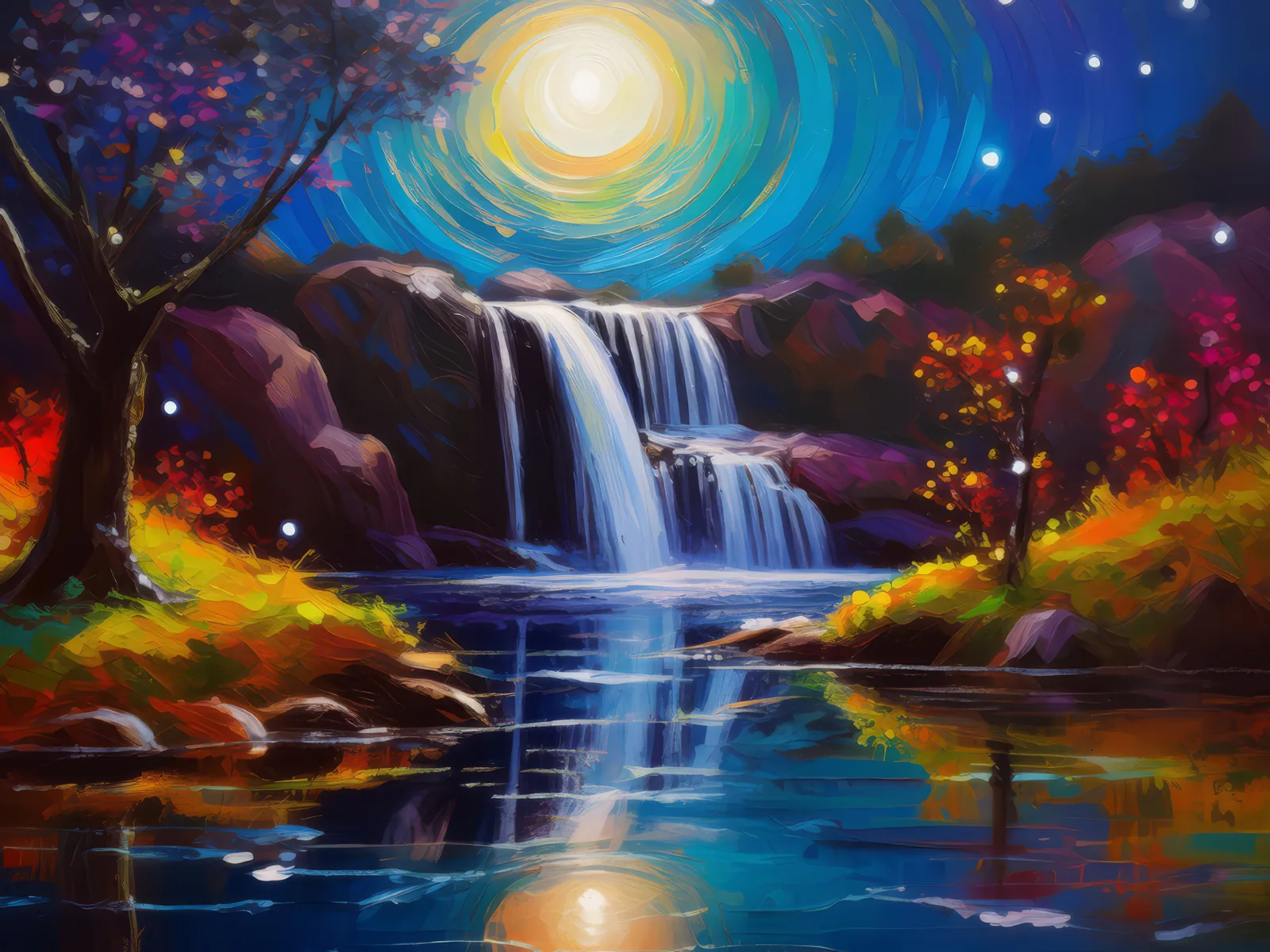 Moonlit Waterfall Serenade, a palette-knife oil landscape by Emma Mickelberg