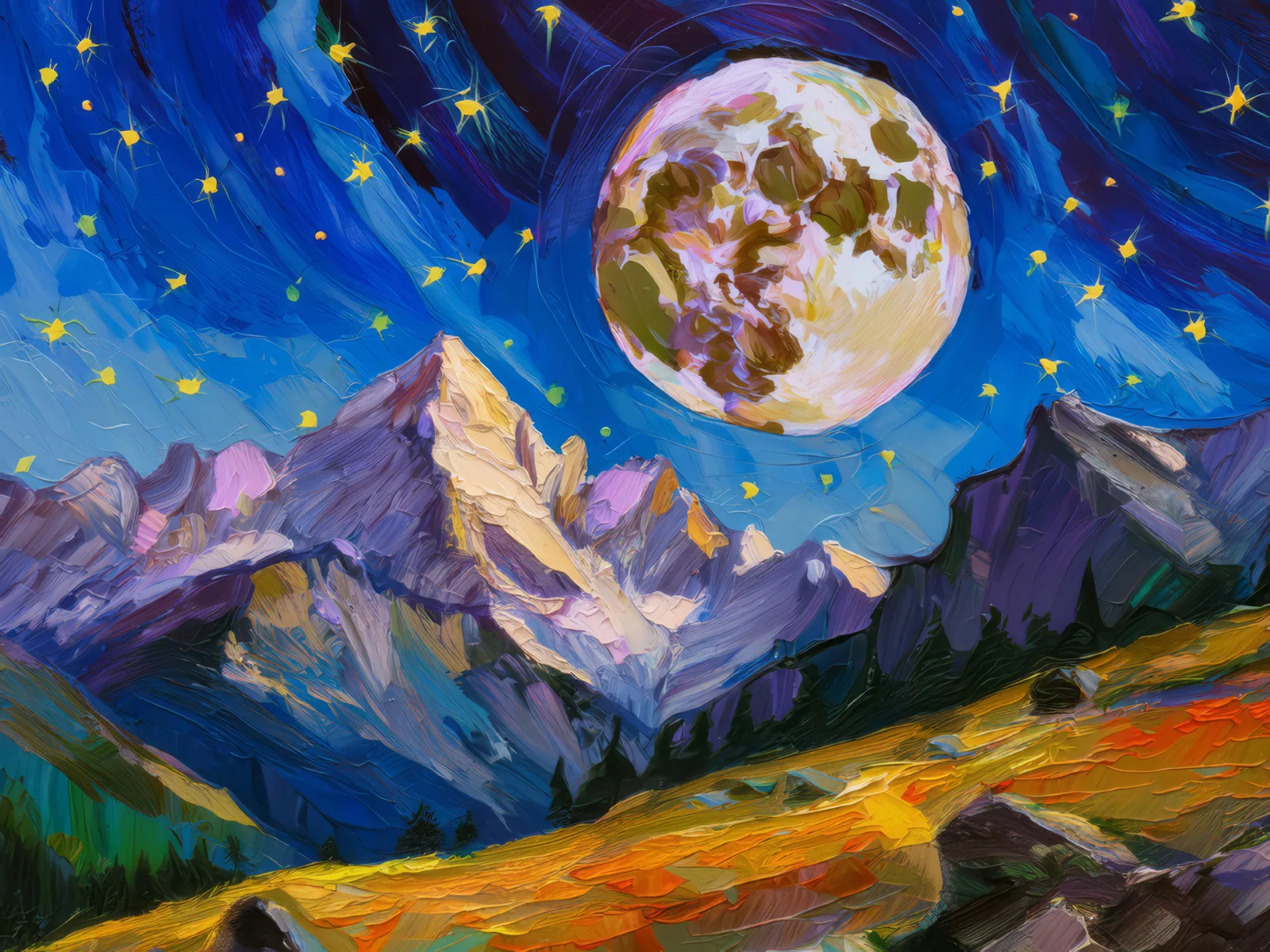 Moonrise in Alpine Terrain, a palette-knife oil landscape by Emma Mickelberg