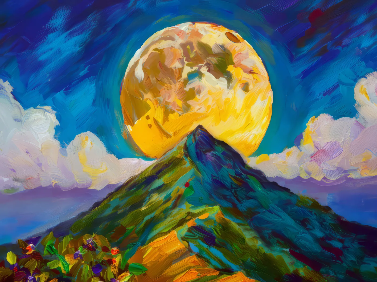 Moonrise Over Tropical Summit, a palette-knife oil landscape by Emma Mickelberg