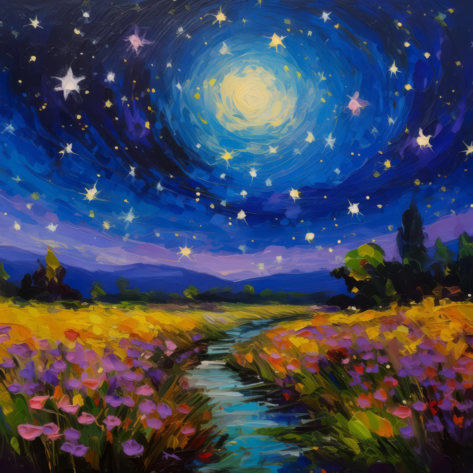 Moorland Under Starry Sky, a palette-knife oil landscape by Emma Mickelberg
