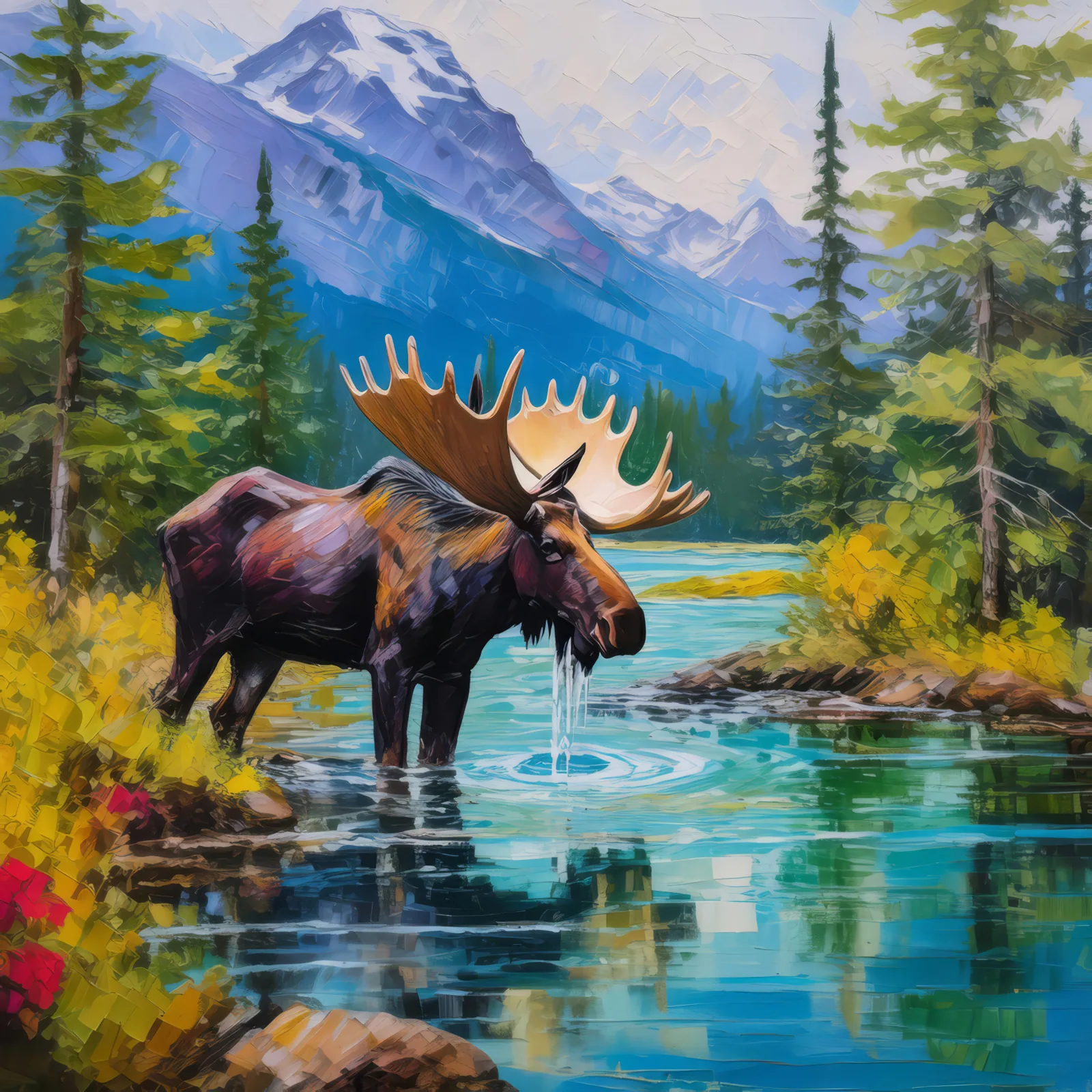 Moose by Boreal River, a palette-knife oil landscape by Emma Mickelberg
