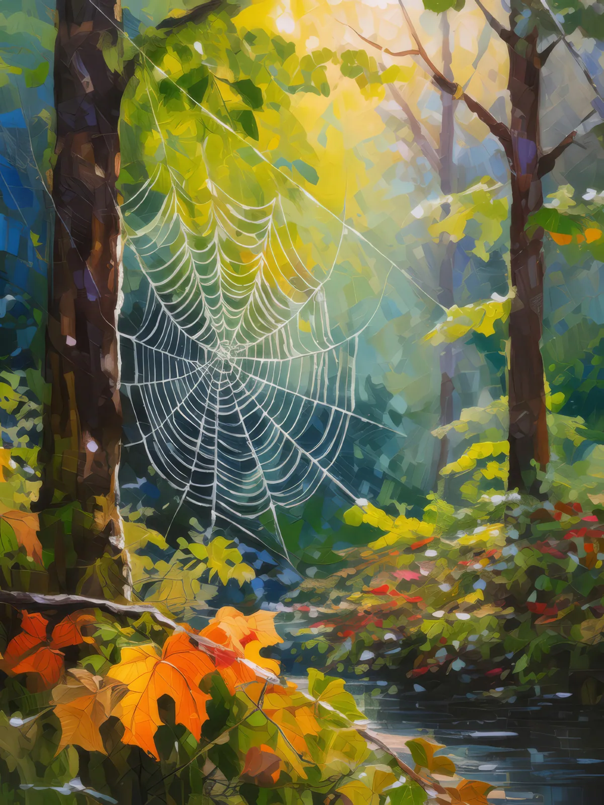 Morning Dew in Forest, a palette-knife oil landscape by Emma Mickelberg