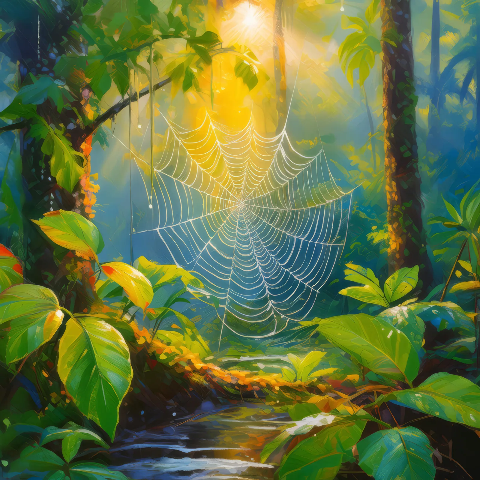 Morning Dew in the Jungle, a palette-knife oil landscape by Emma Mickelberg