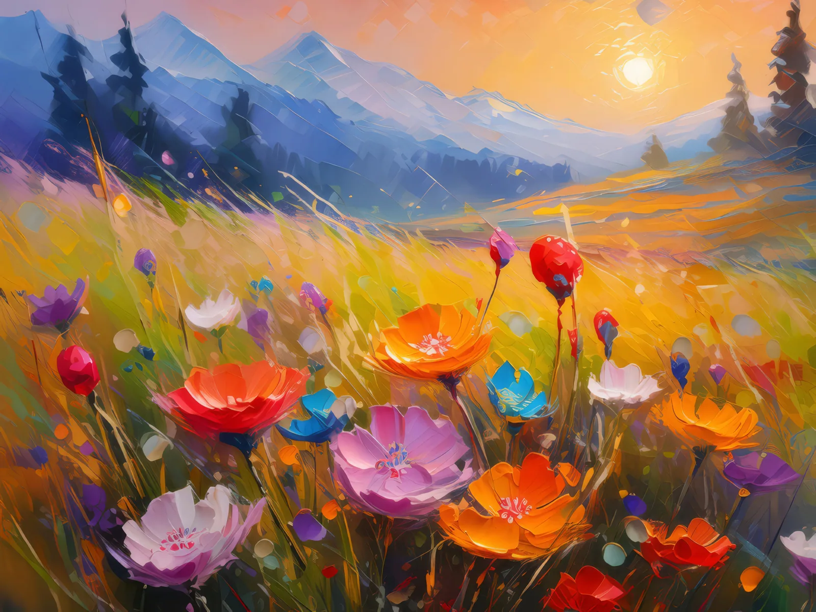 Morning Dew on Blooming Grassland, a palette-knife oil landscape by Emma Mickelberg