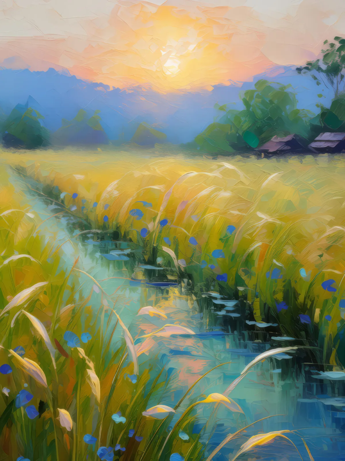 Morning Dew on Grassland, a palette-knife oil landscape by Emma Mickelberg