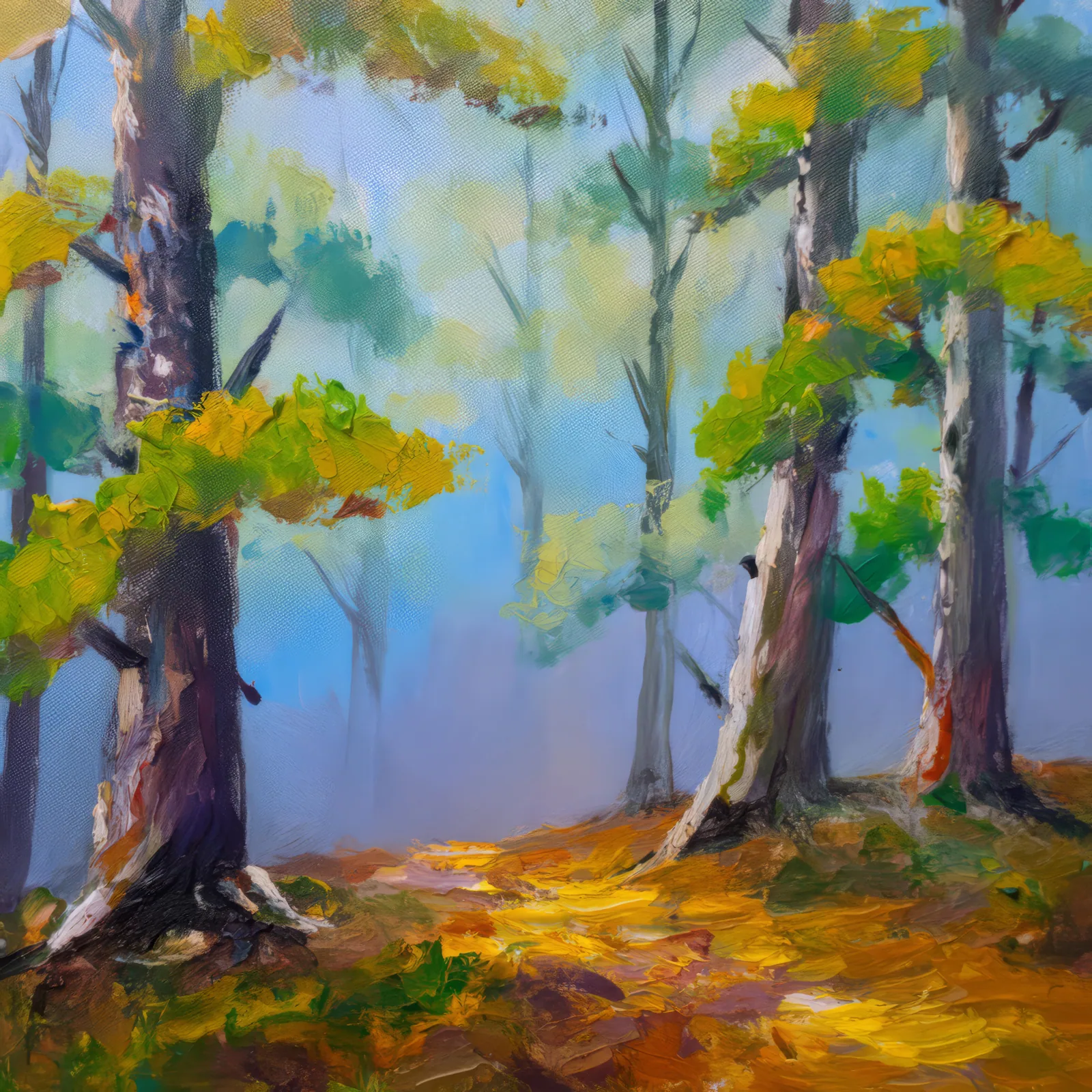 Morning Fog Creeps In, a palette-knife oil landscape by Emma Mickelberg