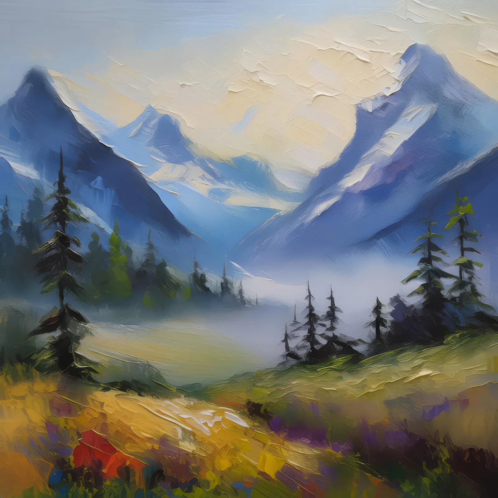 Morning Fog, a palette-knife oil landscape by Emma Mickelberg