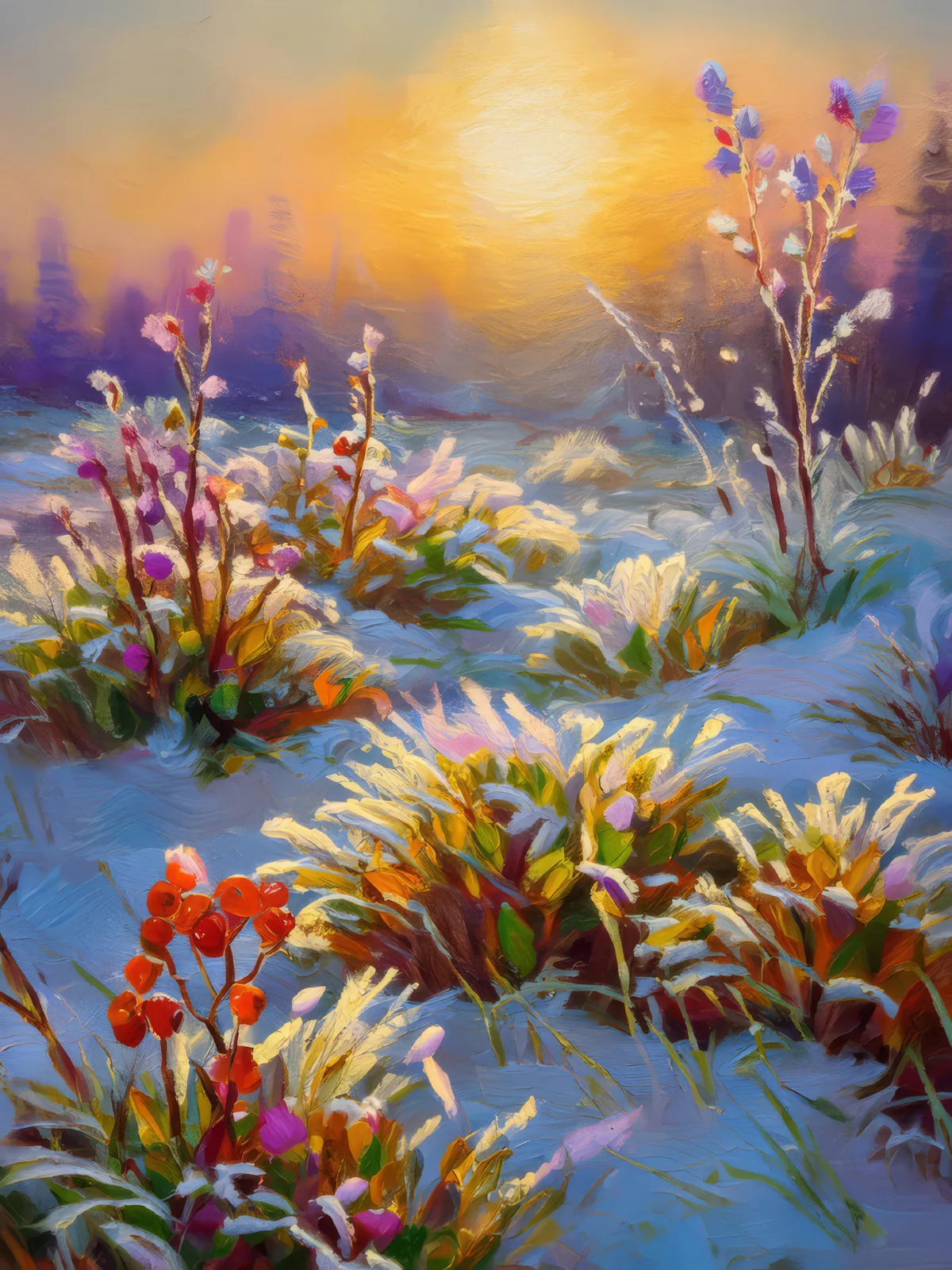 Morning Frost on Tundra, a palette-knife oil landscape by Emma Mickelberg