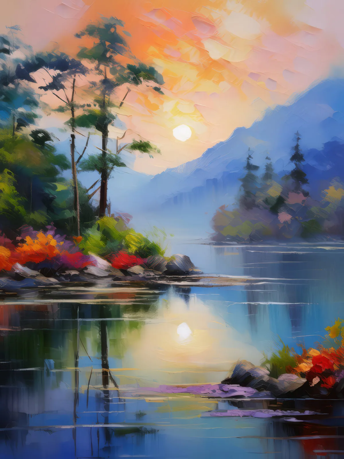 Morning Lagoon Mist, a palette-knife oil landscape by Emma Mickelberg