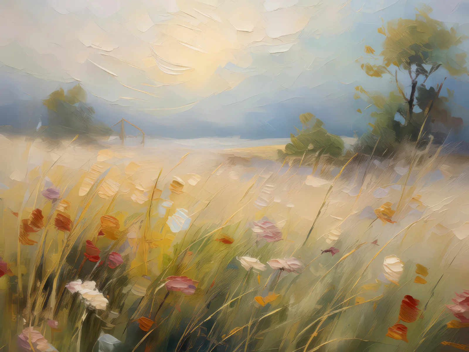 Morning Mist Grassland, a palette-knife oil landscape by Emma Mickelberg
