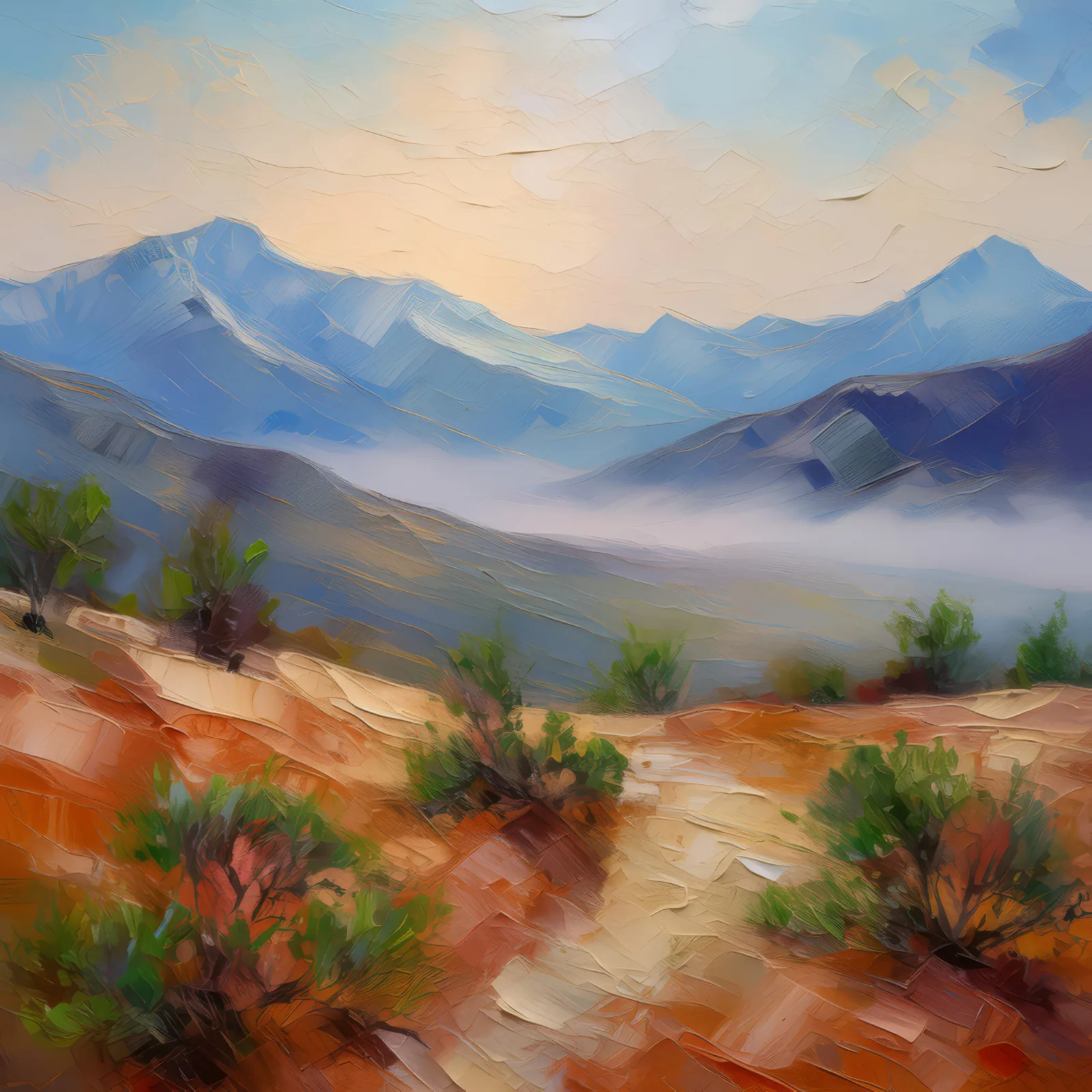 Morning Mist in Alpine Desert, a palette-knife oil landscape by Emma Mickelberg