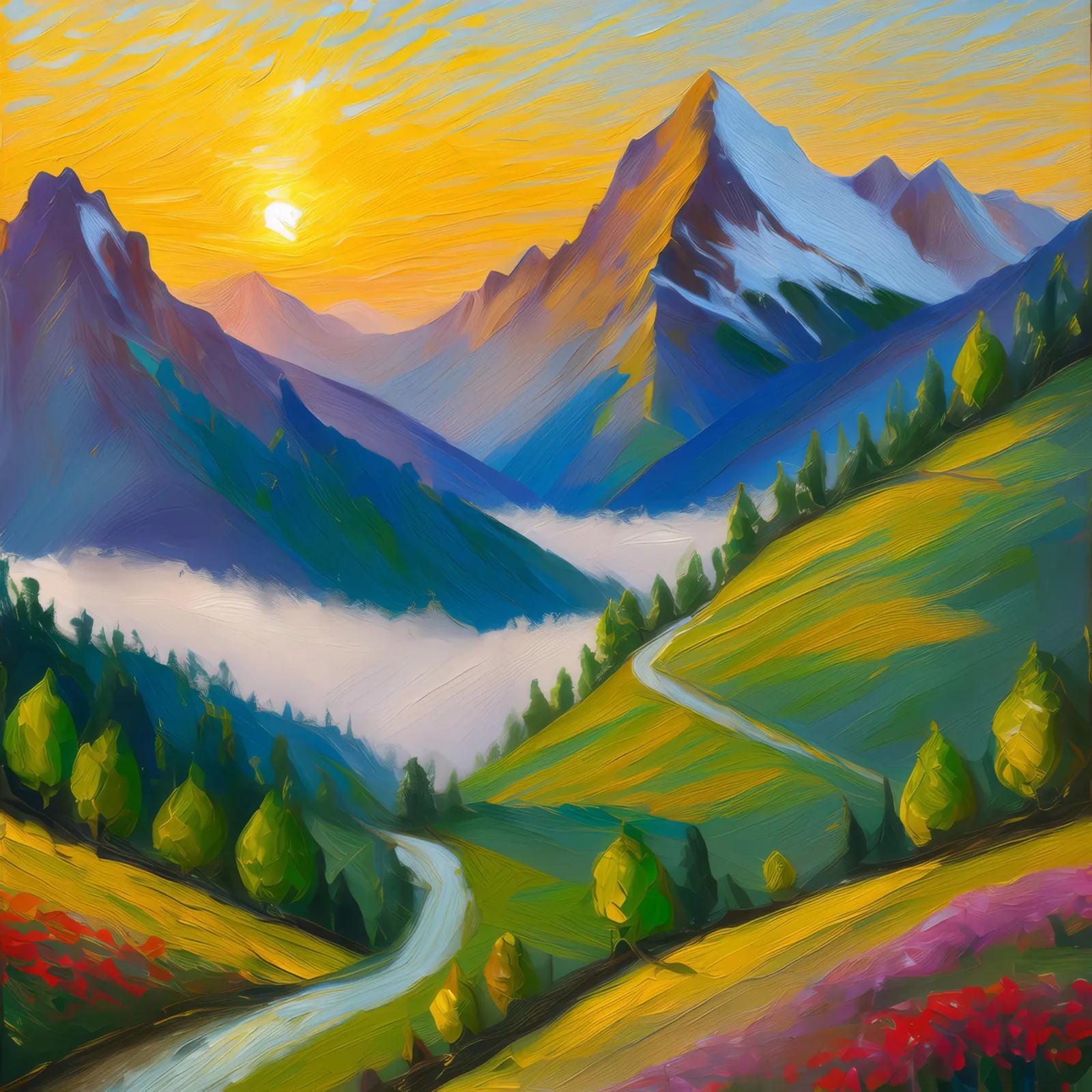 Morning Mist in Alps, a palette-knife oil landscape by Emma Mickelberg