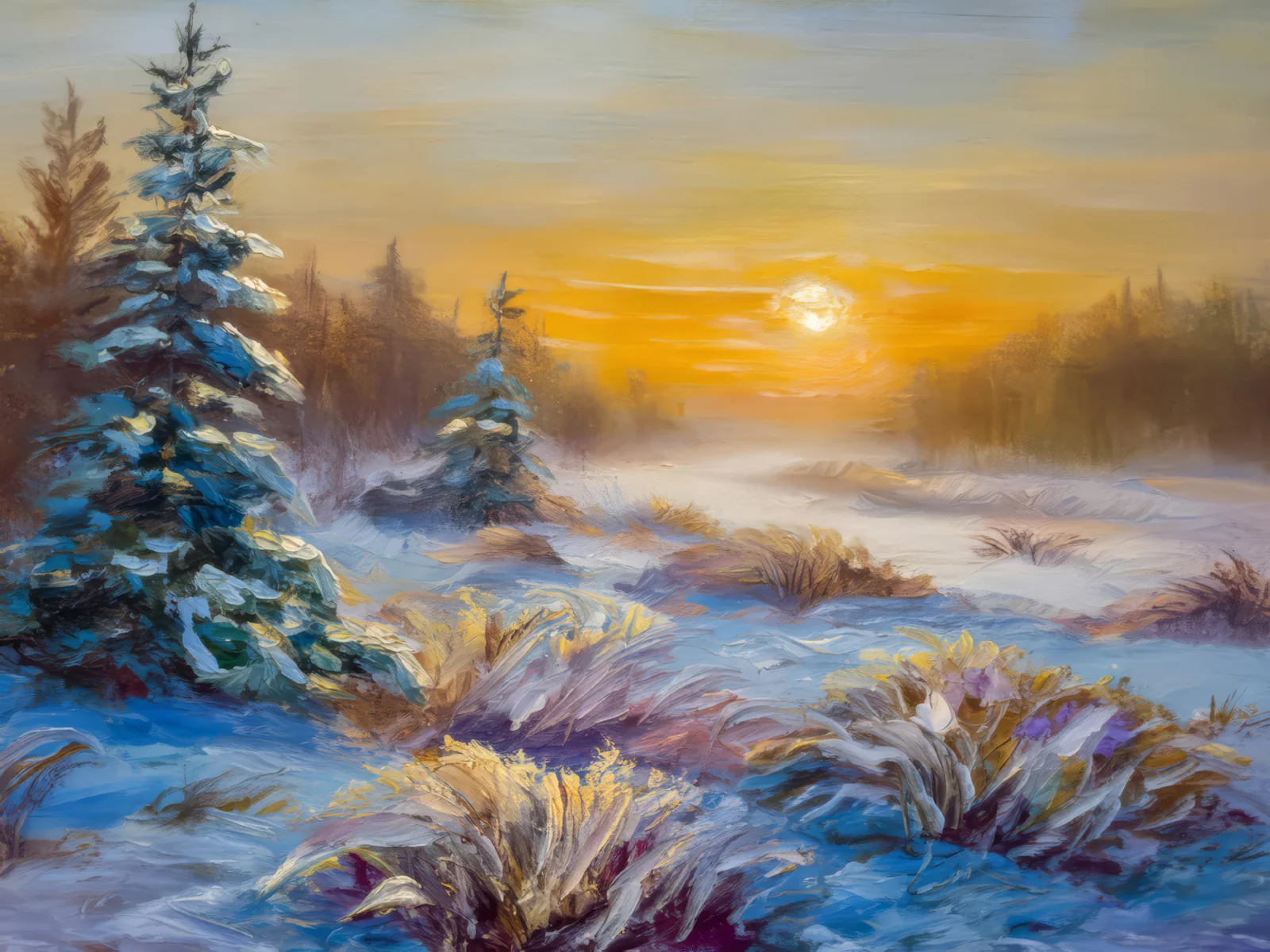 Morning Mist in Boreal Desert, a palette-knife oil landscape by Emma Mickelberg