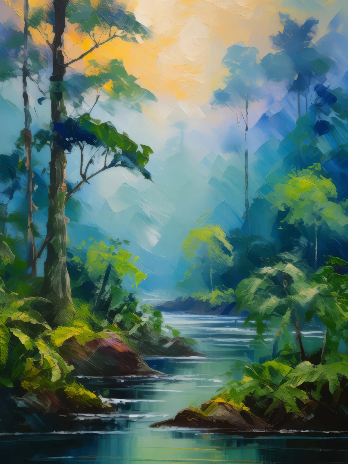 Morning Mist in Boreal Jungle, a palette-knife oil landscape by Emma Mickelberg