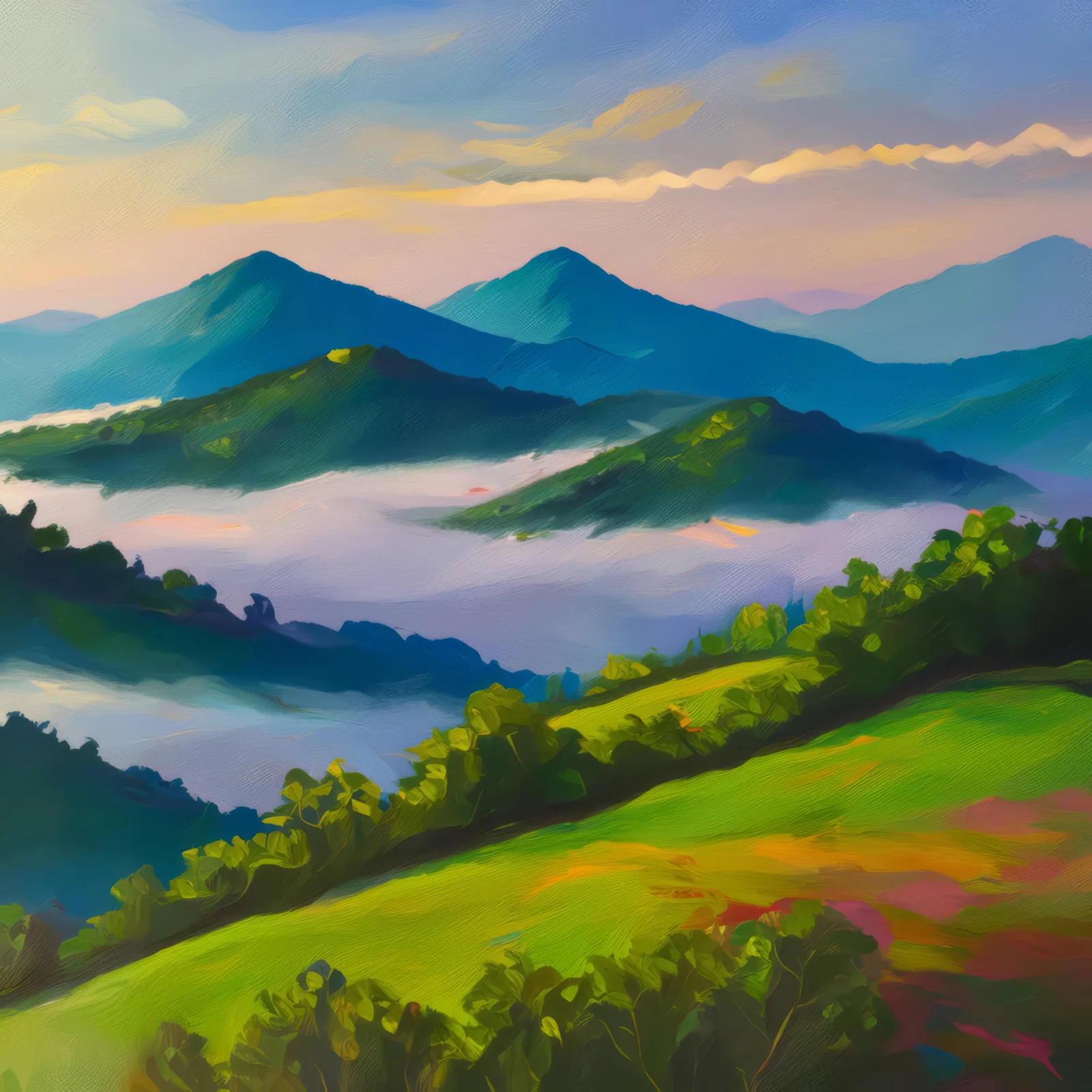 Morning Mist Over Green Hill, a palette-knife oil landscape by Emma Mickelberg