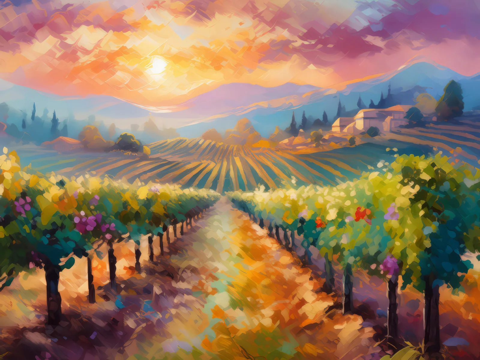 Morning Mist Over Vineyard, a palette-knife oil landscape by Emma Mickelberg