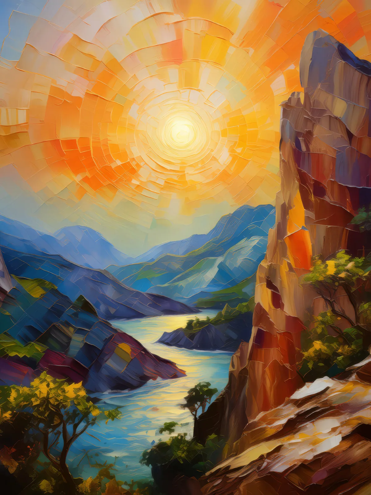 Mosaic of Light on Craggy Canvas, a palette-knife oil landscape by Emma Mickelberg