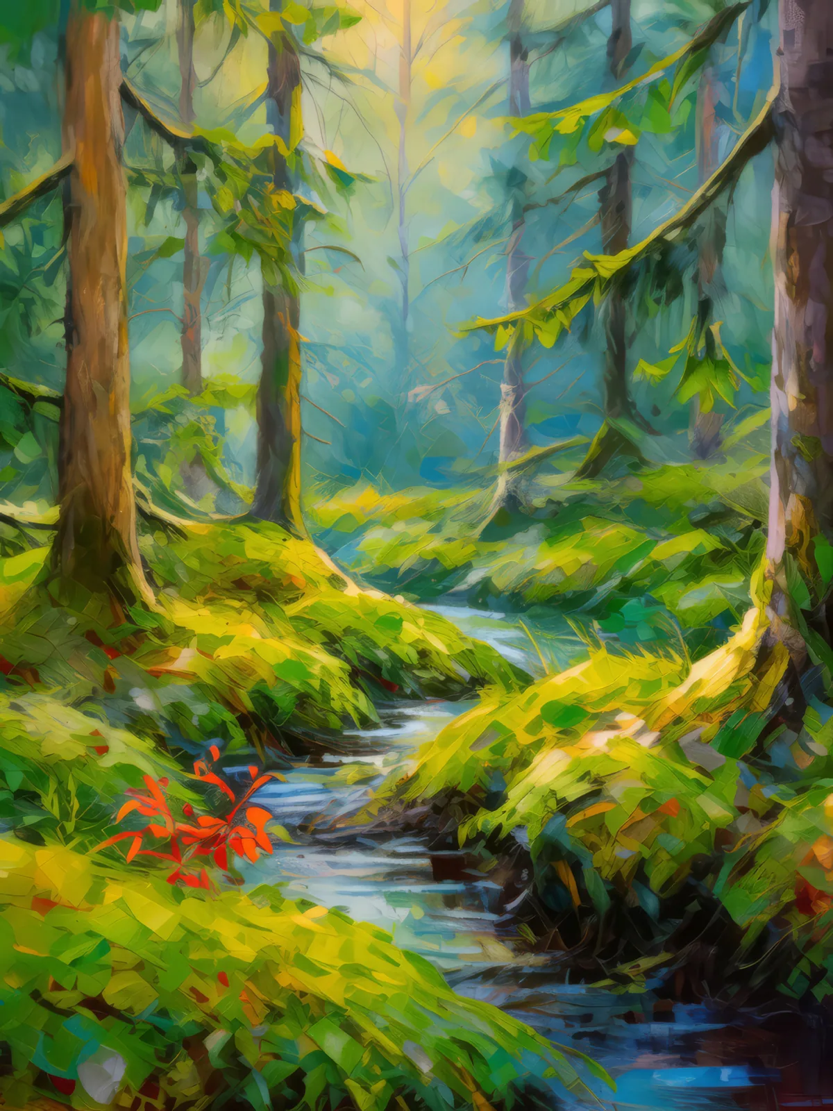 Moss Blanket in Boreal Jungle, a palette-knife oil landscape by Emma Mickelberg