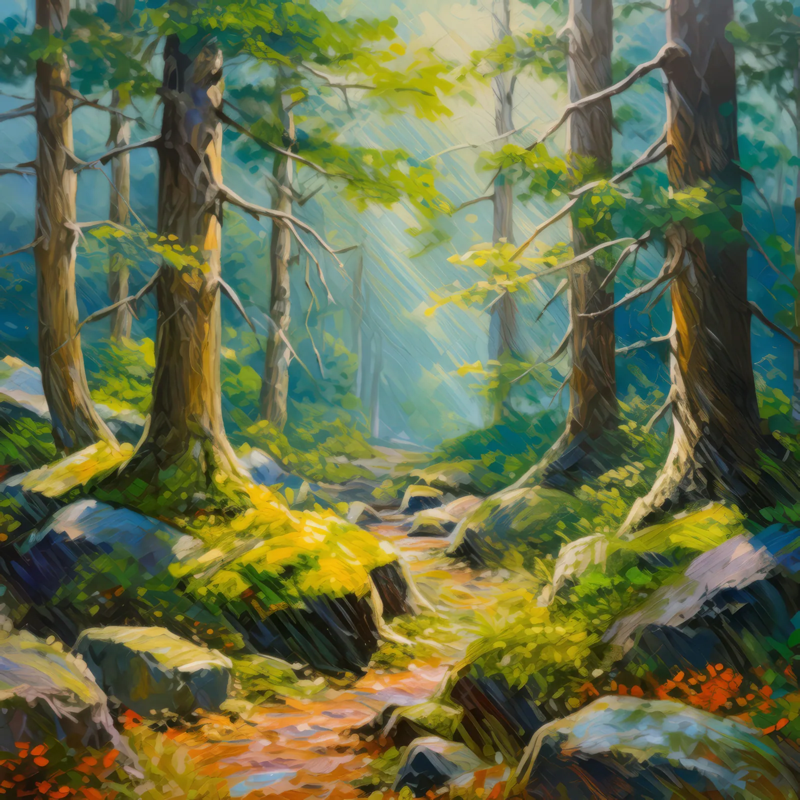 Moss-Covered Rocks in Boreal Forest, a palette-knife oil landscape by Emma Mickelberg