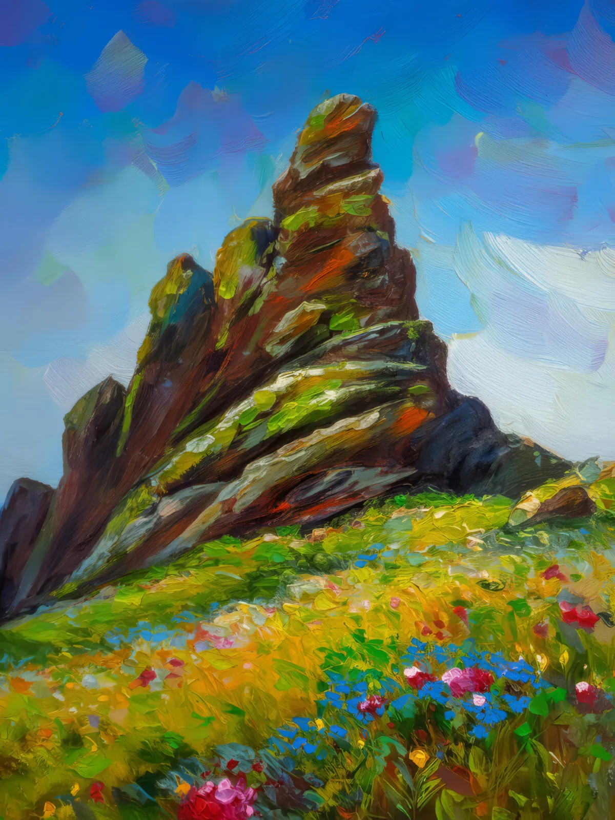 Mossy Rock Formation, a palette-knife oil landscape by Emma Mickelberg