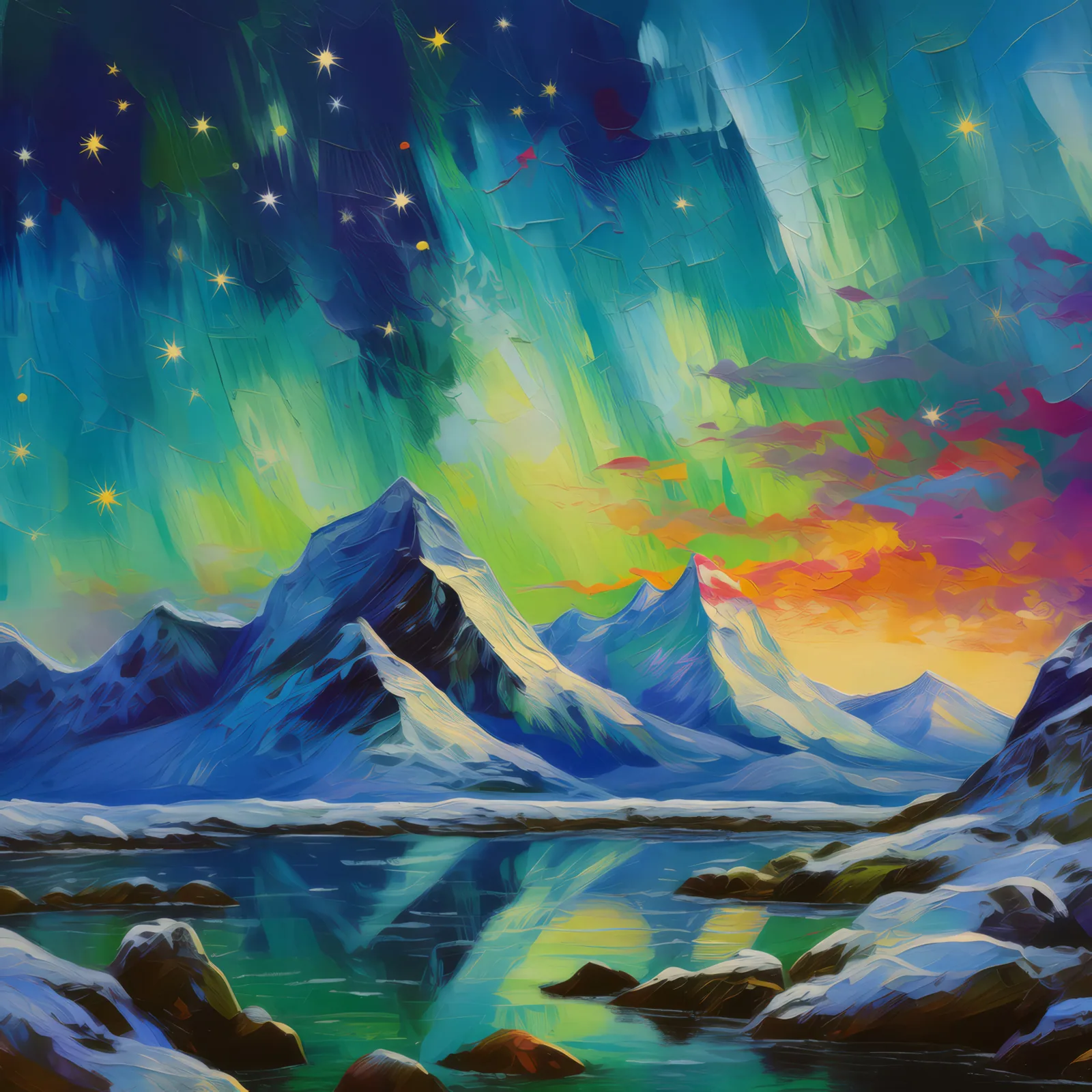 Mountain Aurora Borealis, a palette-knife oil landscape by Emma Mickelberg