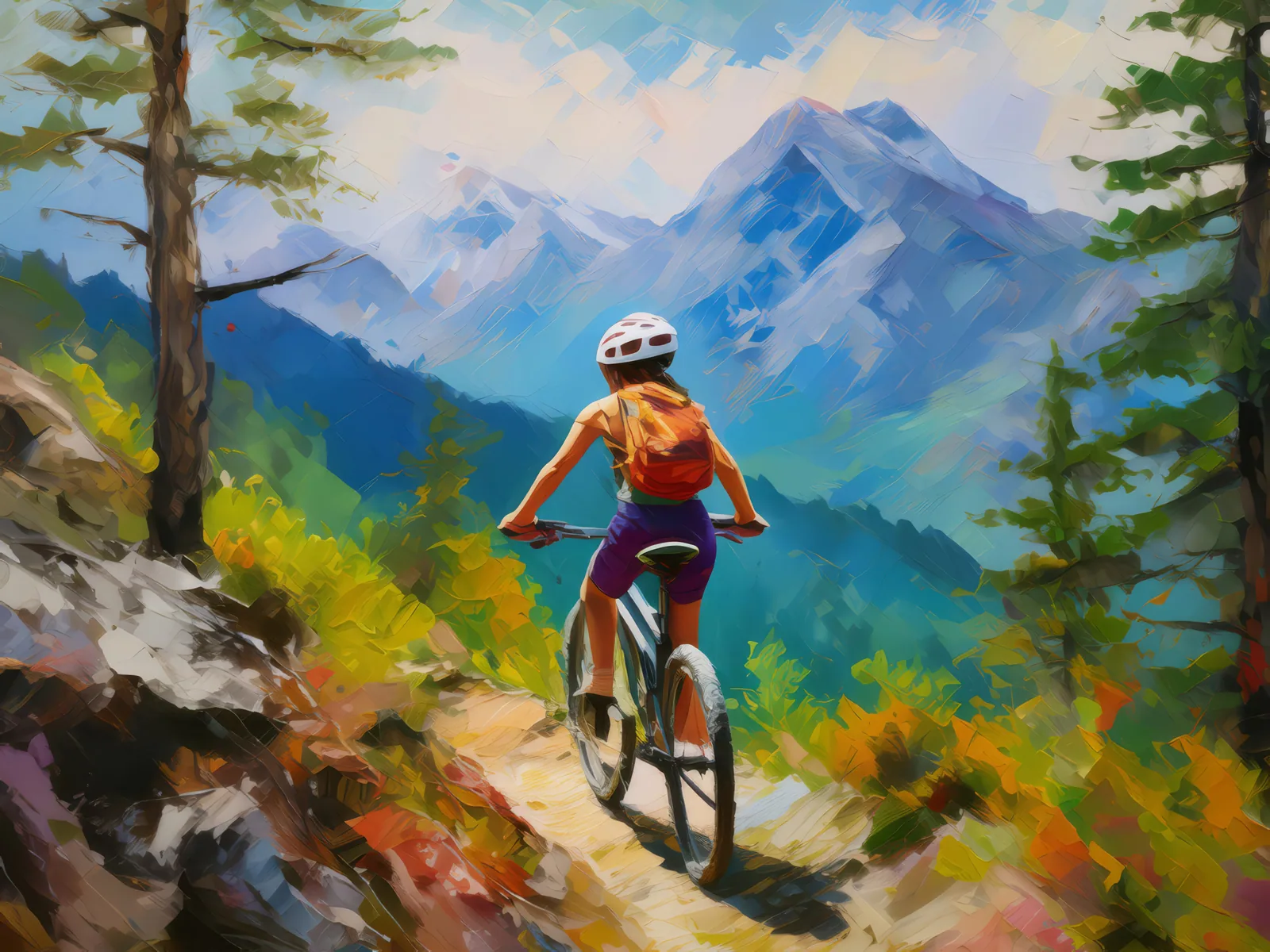 Mountain Biking Adventure, a palette-knife oil landscape by Emma Mickelberg