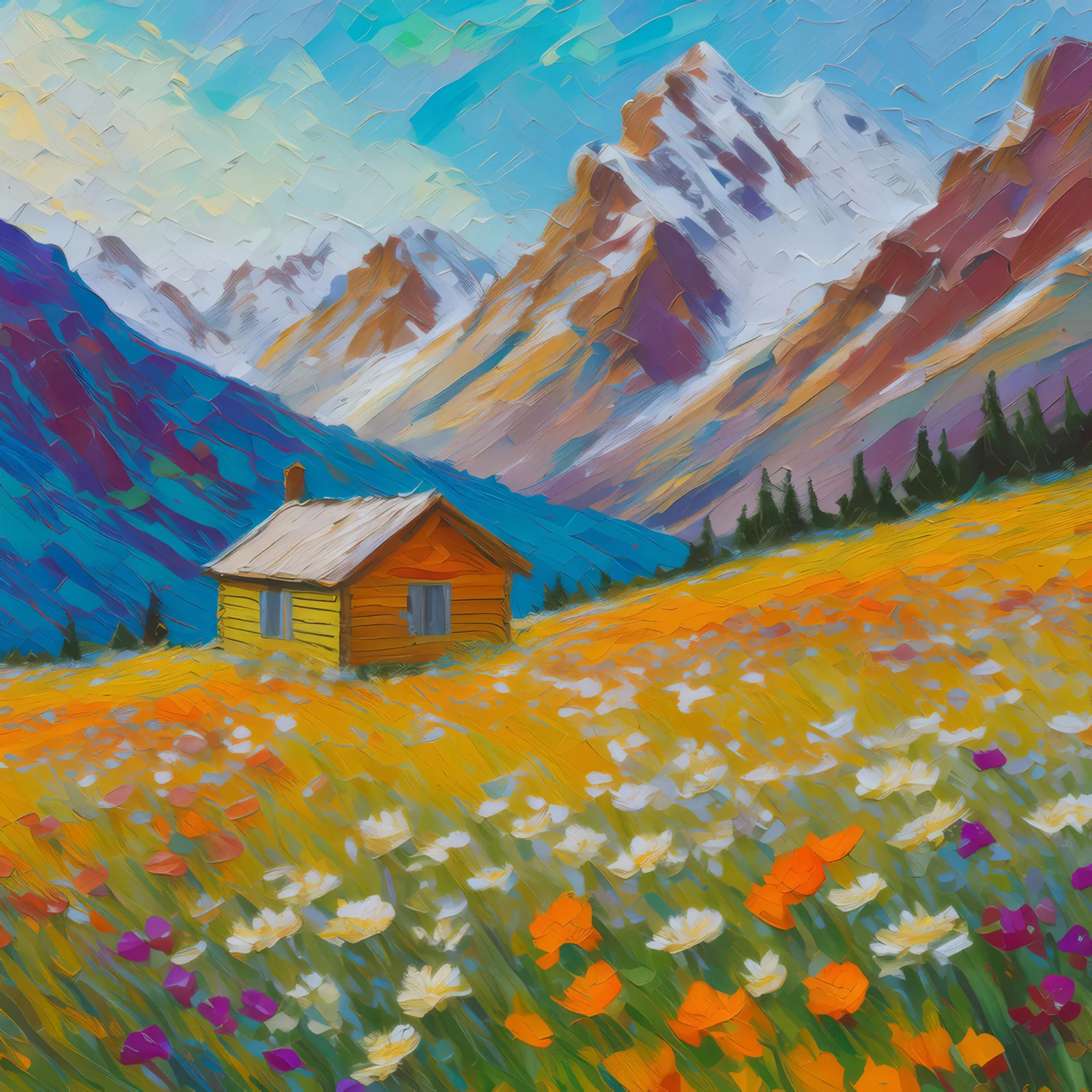 Mountain Cabin Retreat, a palette-knife oil landscape by Emma Mickelberg