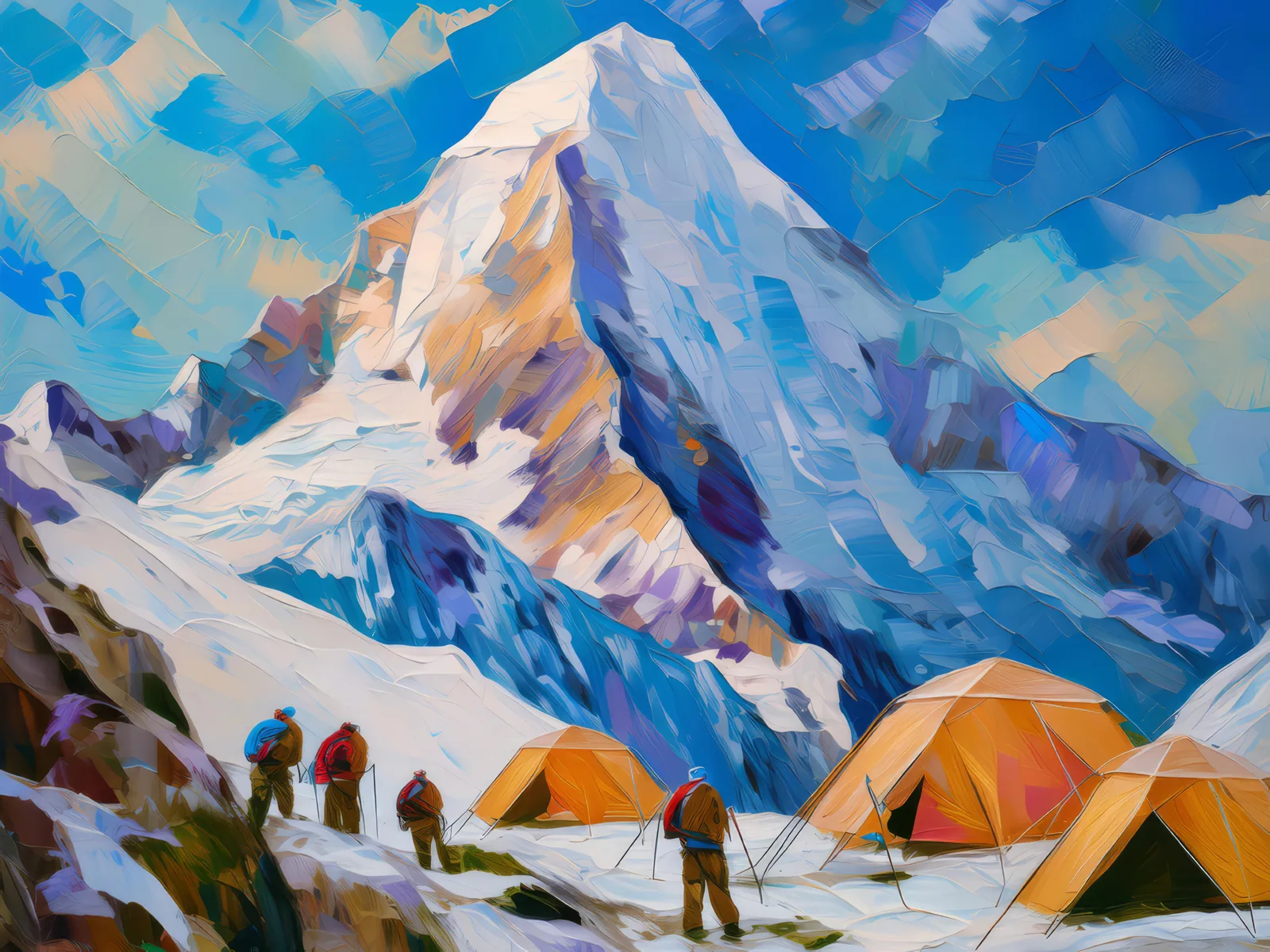 Mountain Climbers at Base Camp, a palette-knife oil landscape by Emma Mickelberg