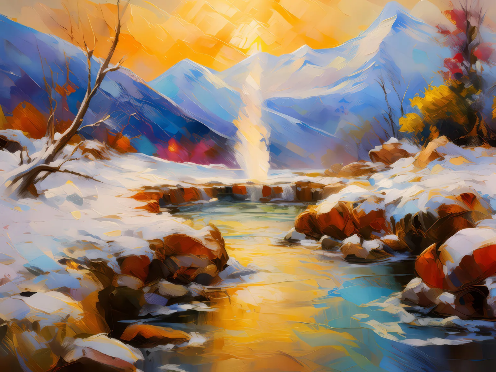 Mountain Hot Springs in Winter, a palette-knife oil landscape by Emma Mickelberg
