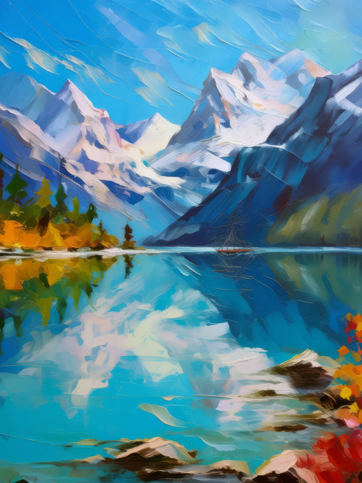 Mountain Lagoon Reflection, a palette-knife oil landscape by Emma Mickelberg