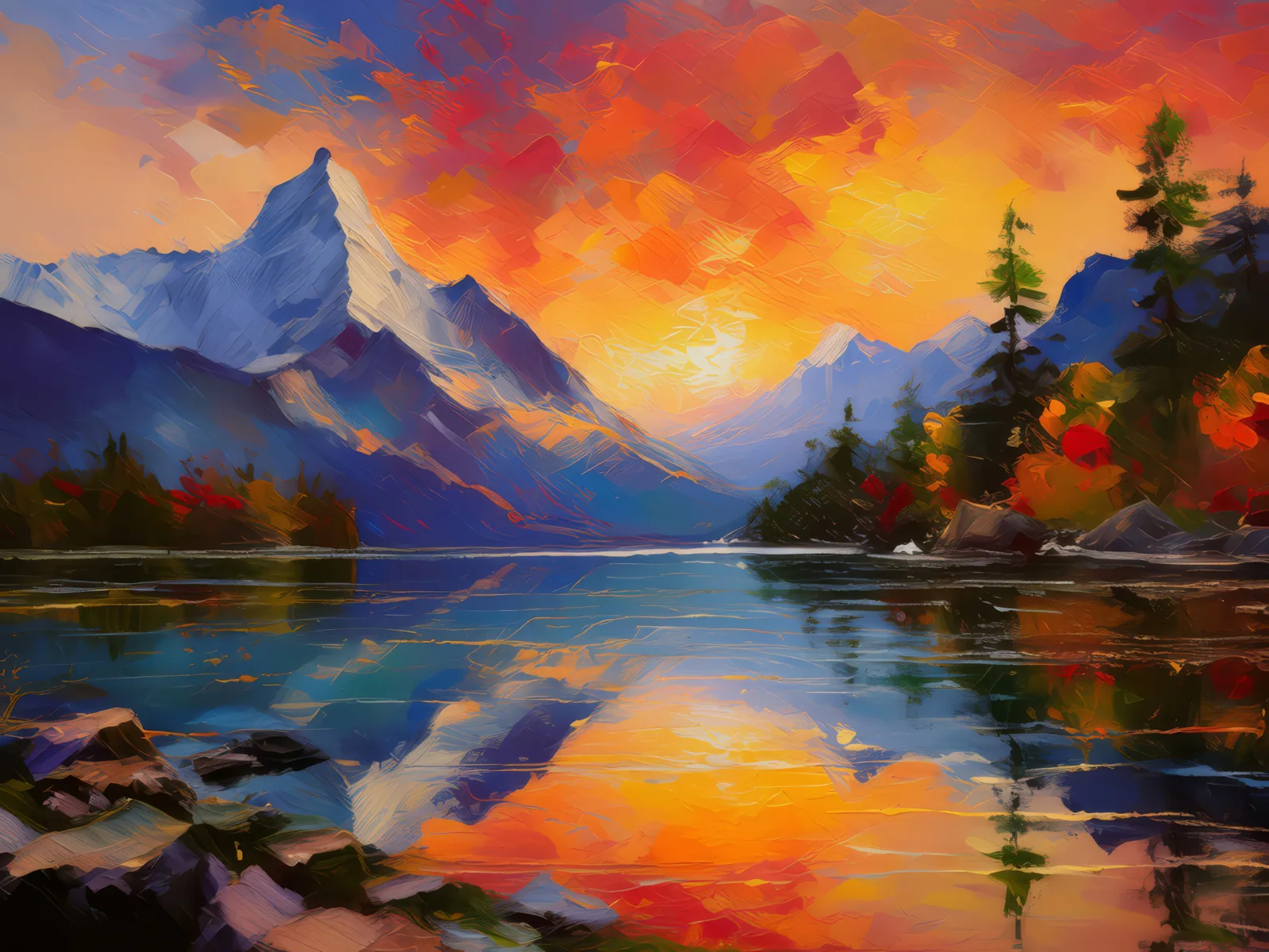Mountain Lake at Sunset, a palette-knife oil landscape by Emma Mickelberg
