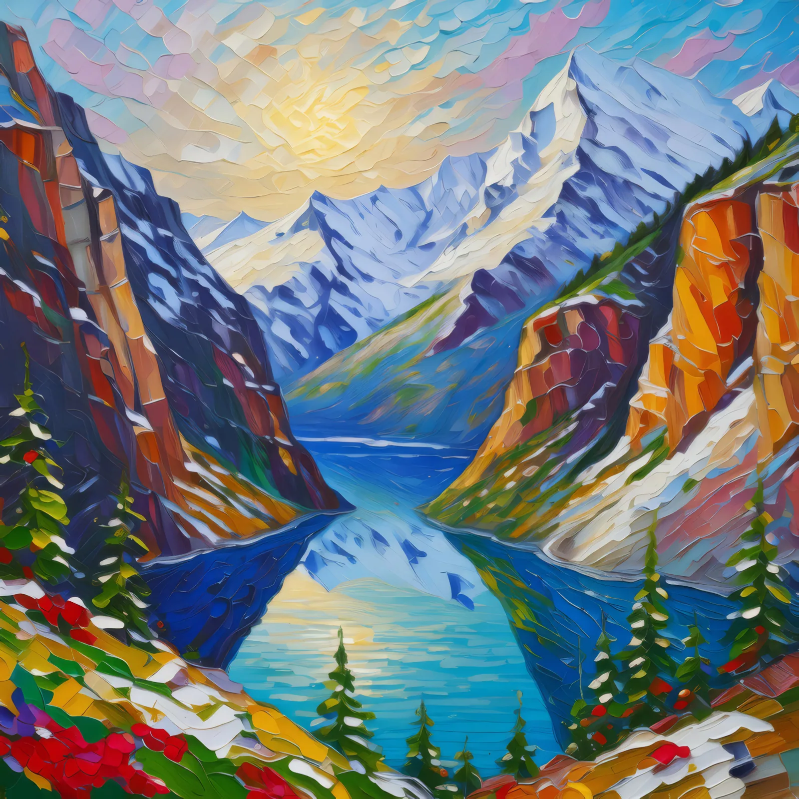 Mountain Lake Chasm, a palette-knife oil landscape by Emma Mickelberg
