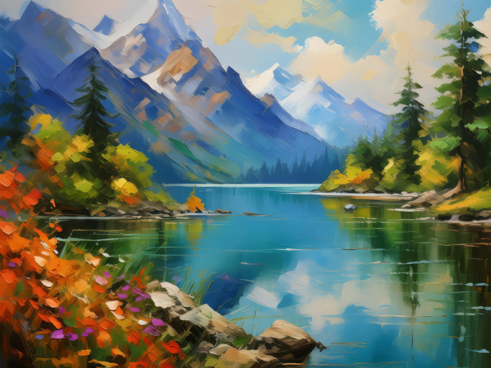 Mountain Lake Majesty, a palette-knife oil landscape by Emma Mickelberg