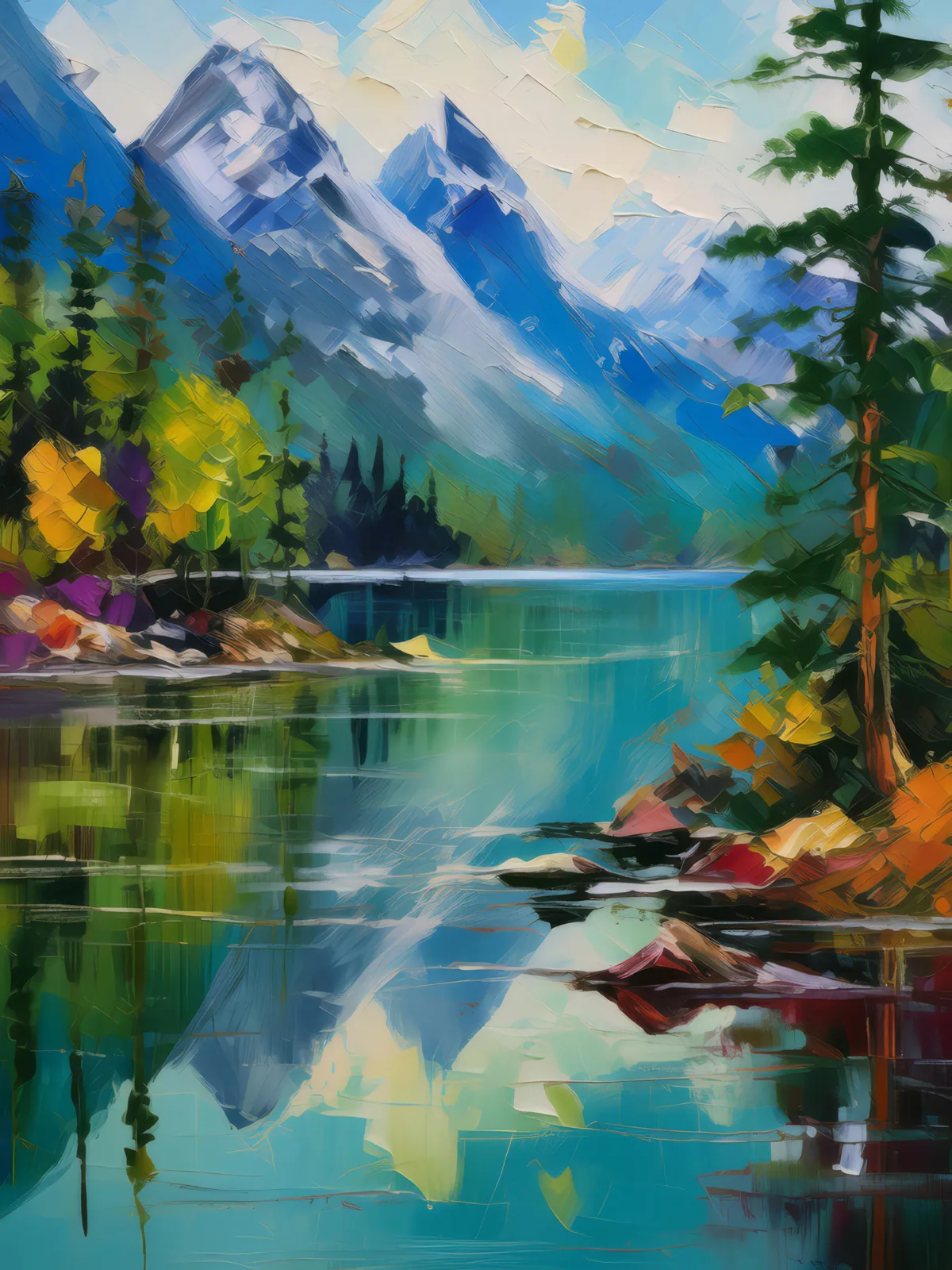 Mountain Lake Reflection, a palette-knife oil landscape by Emma Mickelberg