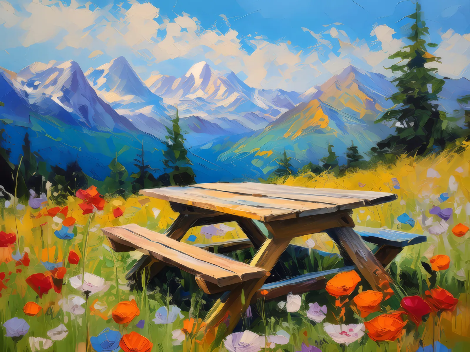 Mountain Meadow Picnic, a palette-knife oil landscape by Emma Mickelberg