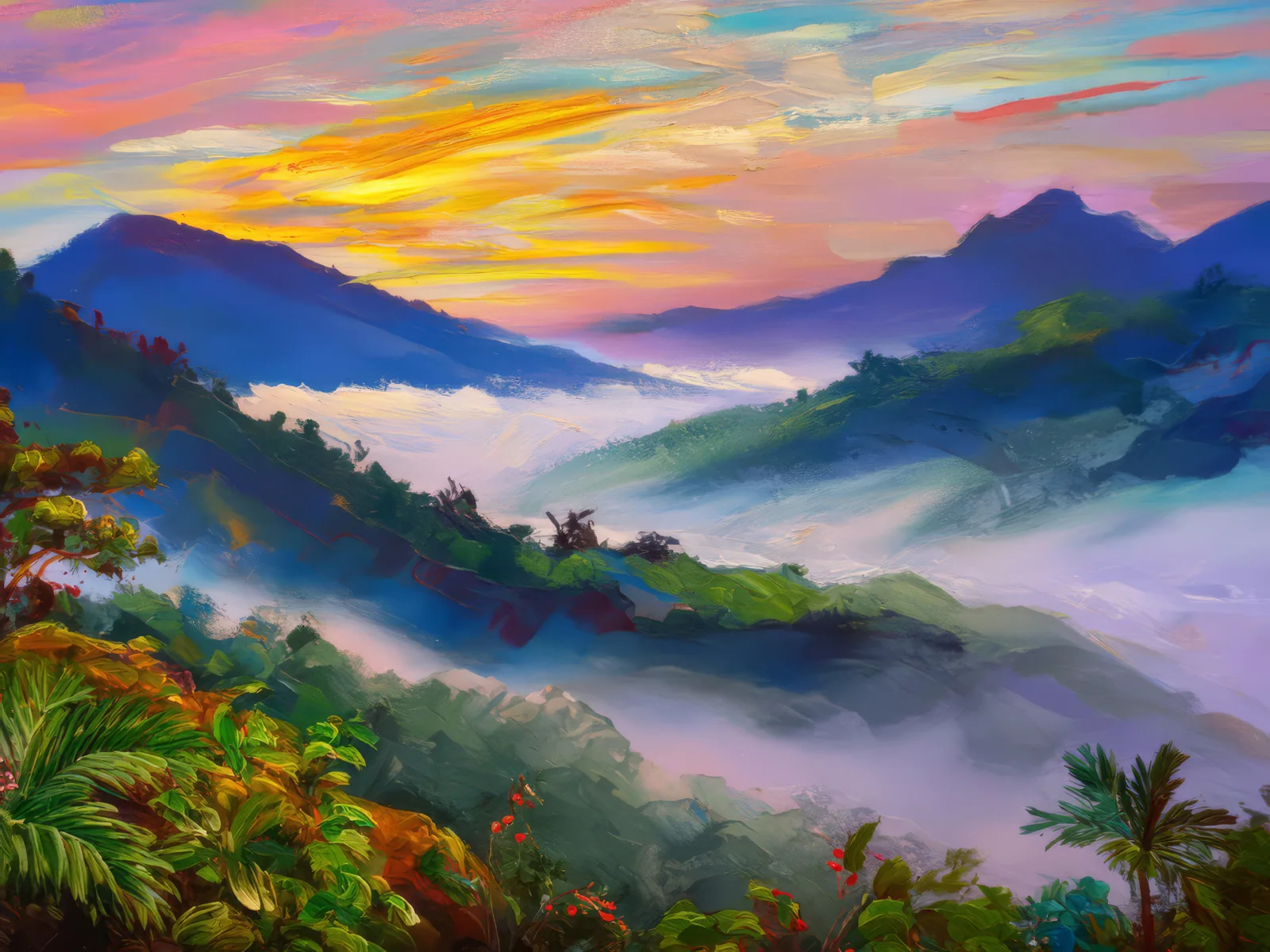 Mountain Mist at Dawn, a palette-knife oil landscape by Emma Mickelberg