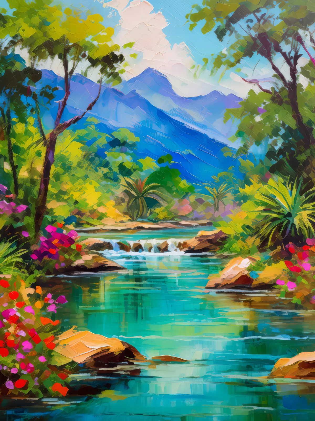 Mountain Oasis Springs, a palette-knife oil landscape by Emma Mickelberg