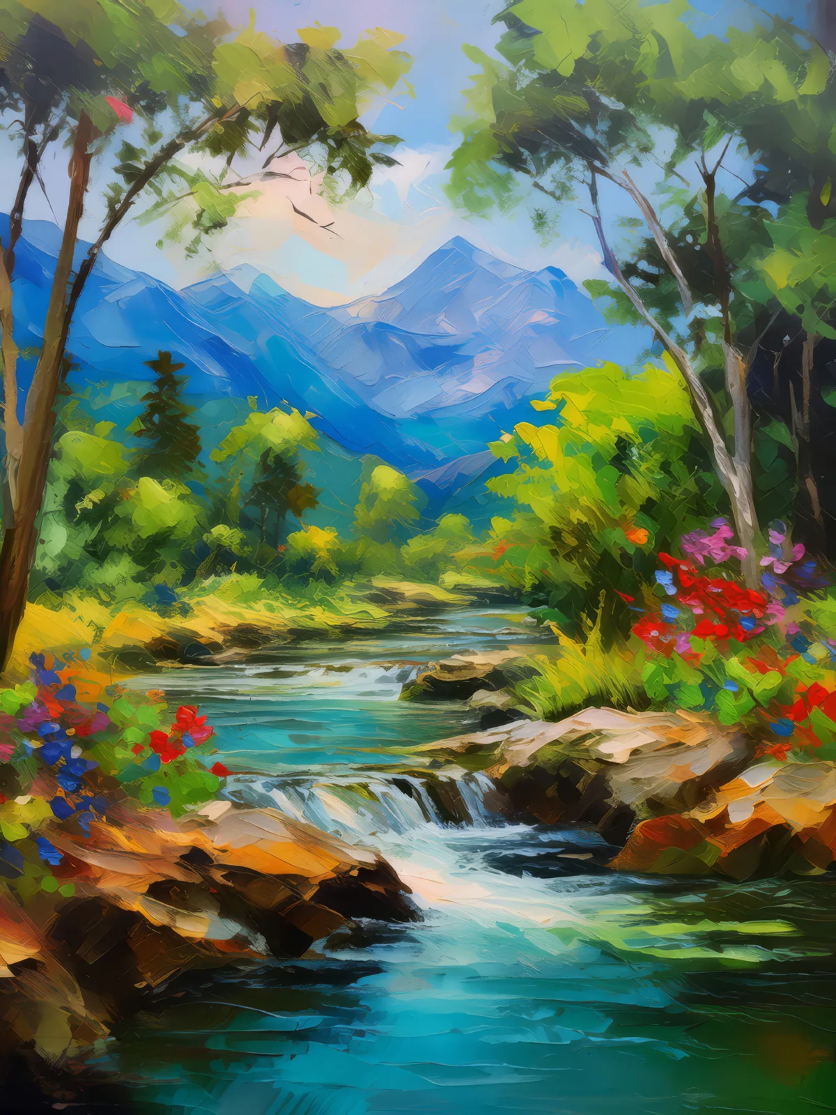 Mountain Oasis Stream, a palette-knife oil landscape by Emma Mickelberg
