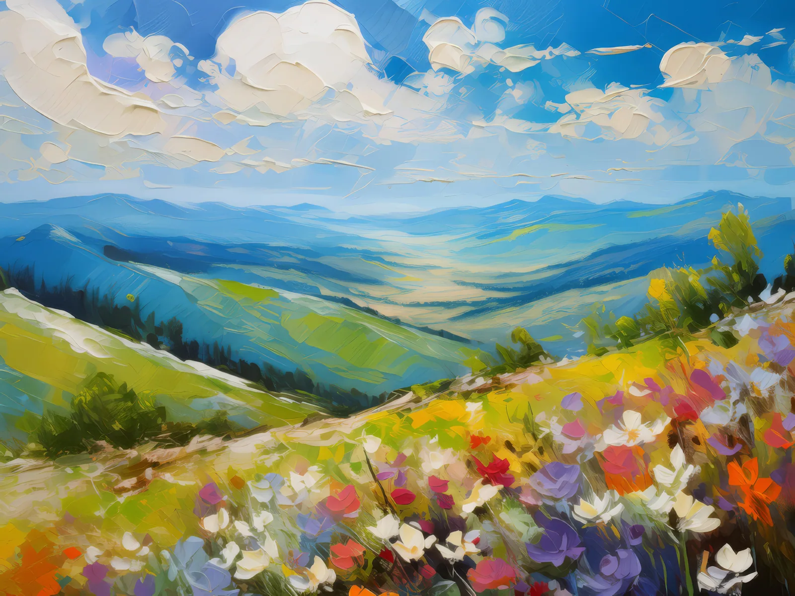 Mountain Overlook in Spring, a palette-knife oil landscape by Emma Mickelberg