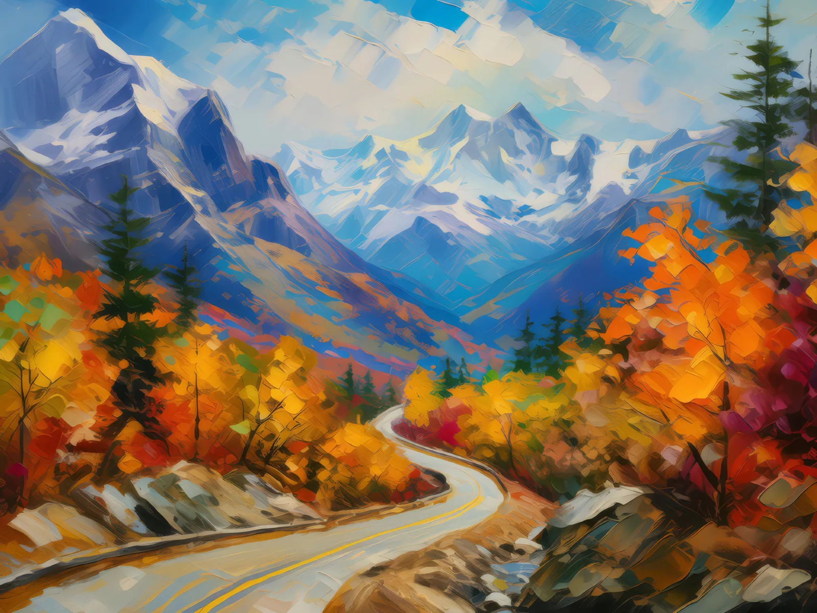 Mountain Pass in Autumn, a palette-knife oil landscape by Emma Mickelberg